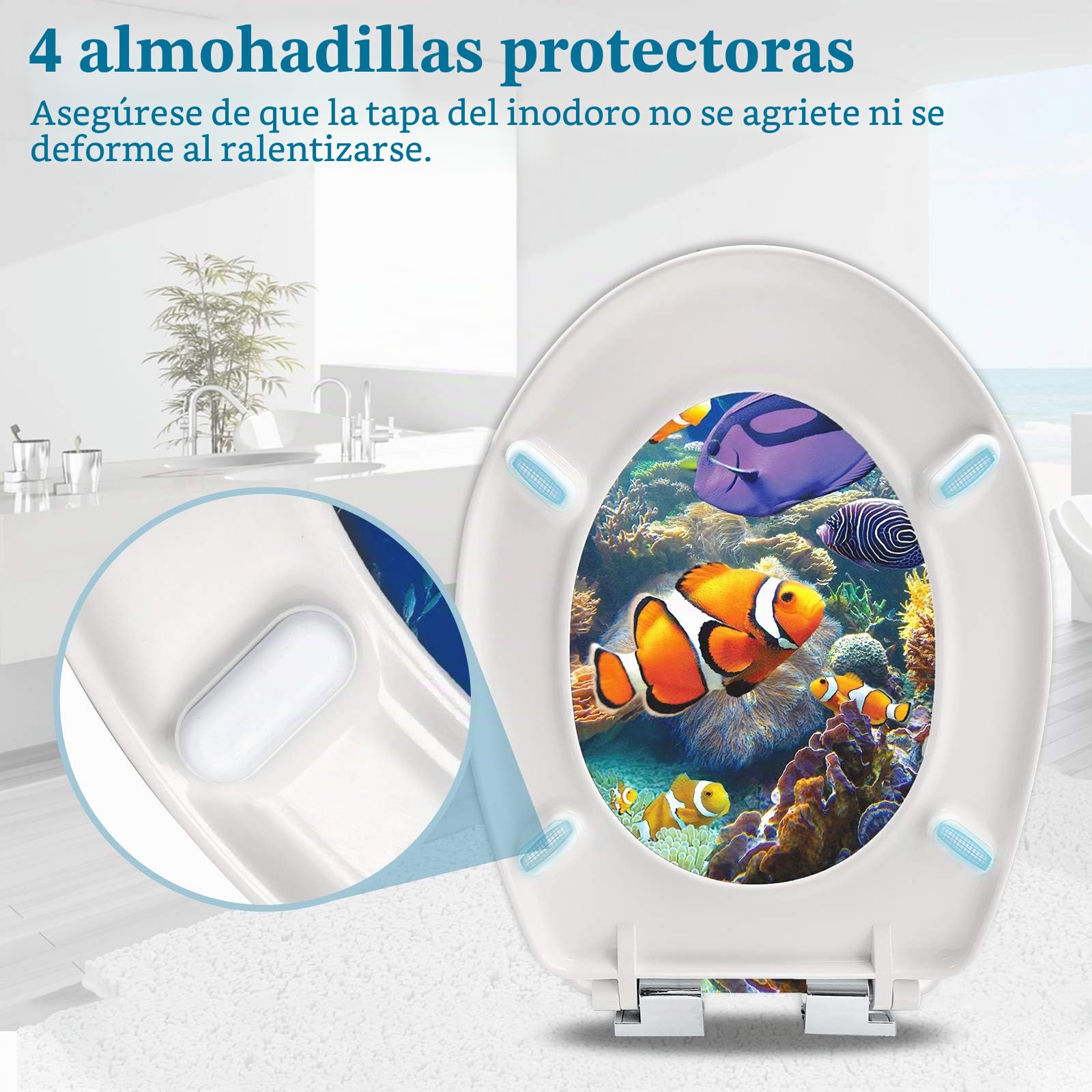 Froadp Asiento de inodoro con tapa ovalada de cierre suave, asiento de inodoro antibacteriano de plástico duro para todos los inodoros estándar, fácil instalación y limpieza (peces ornamentales)