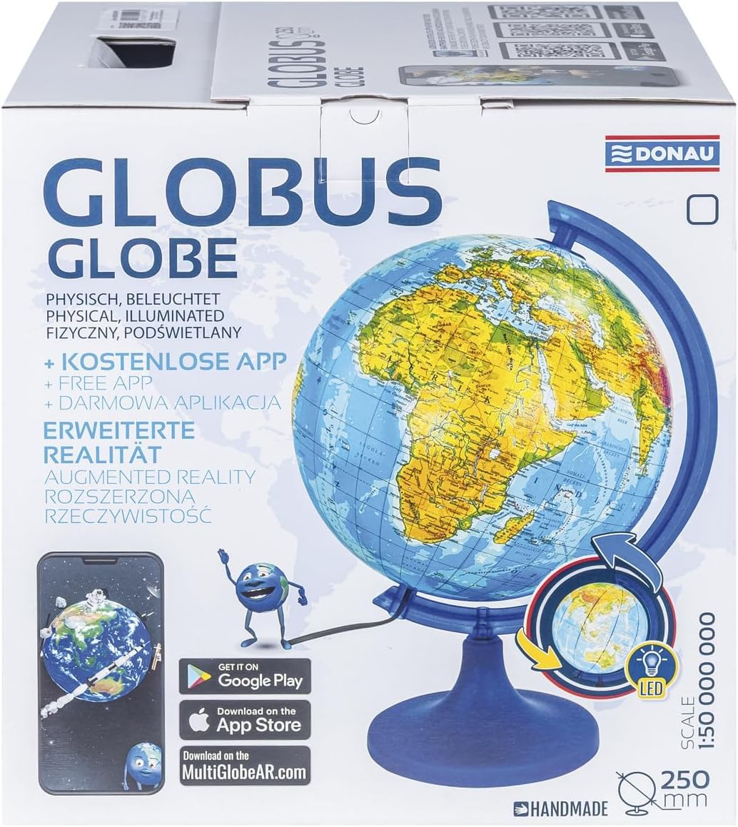 DONAU Globe terrestre/Diamètre 250 mm/Carte politique/Lumineux/Lampe LED/Pivotant/Décoration éducative/Application interactive Multiglobear/Pour l'école, la maison et Le bureau