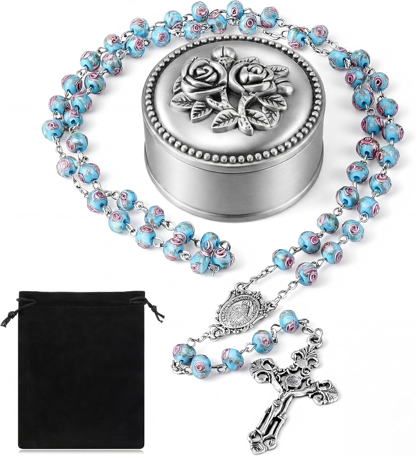 Liliaafar Catholic Handmade Rosary Necklace with 6mm Beads Crucifix Cross Christian in Rose Metal Gift Box Set for Women Men Daily Decor Birthday First Communion Family Baptism Blessing Gift