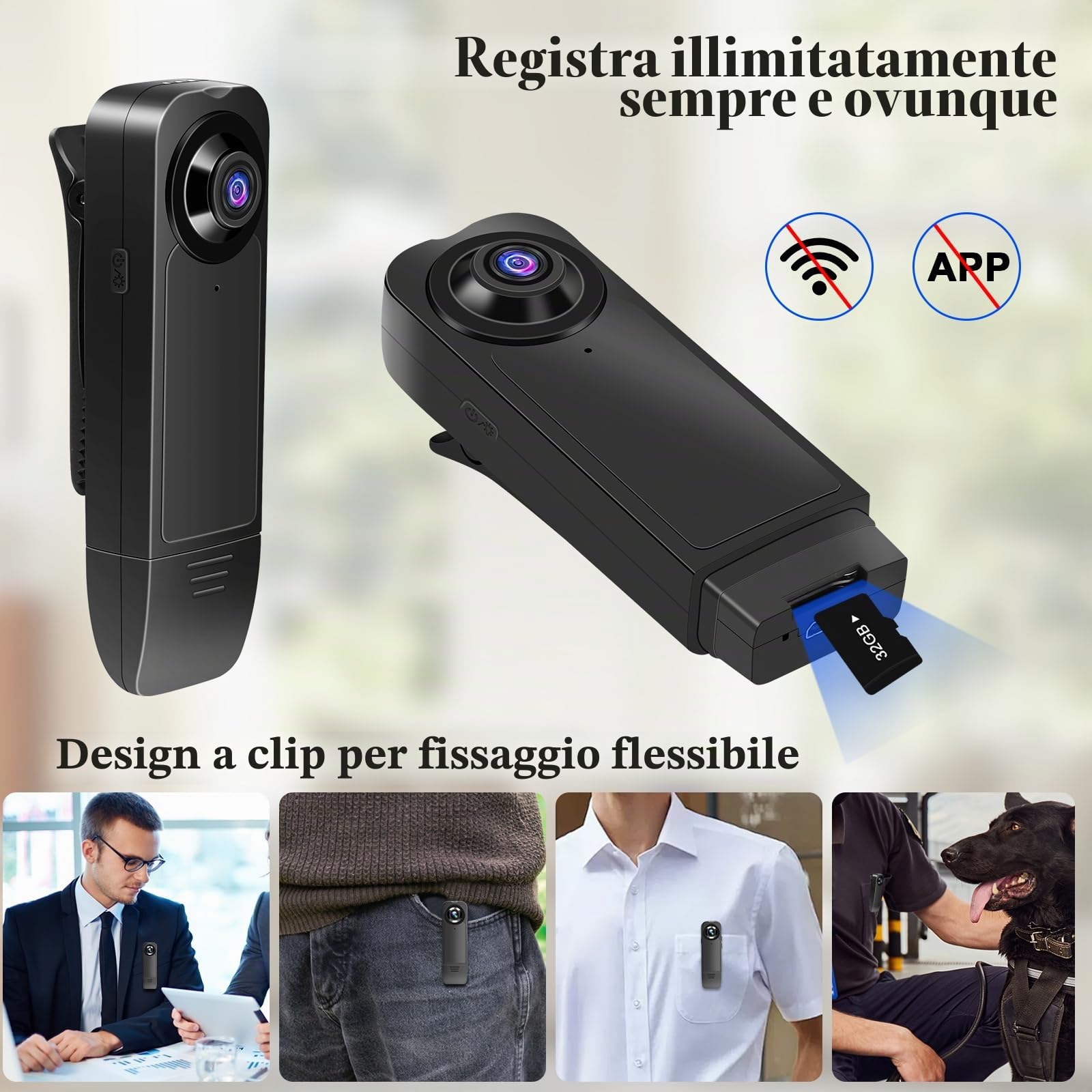 Bodycam HD 1080P , Piccola Telecamera Spia , Bodycam con Audio e Video Mini Fotocamera per il Corpo con Visione Notturna e Rilevamento del Movimento Per Sicurezza, Guardia ( con Memoria da 32 GB)