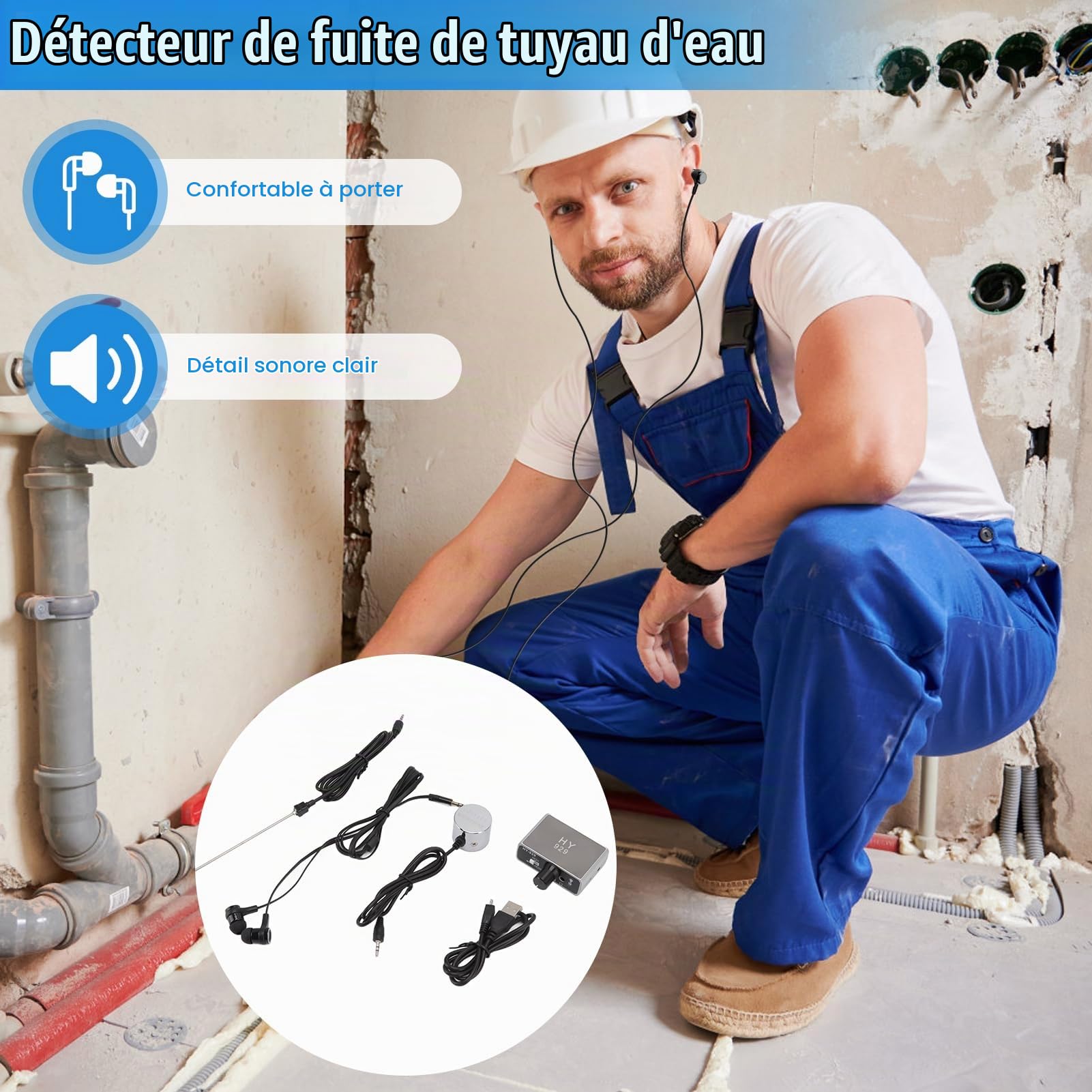 Détection de Fuite d'eau Capteur de Fuite d'eau de Tuyau Souterrain Professionnel Détecteur de Fuite d'eau Amélioré Fuite de Tuyau d'eau à Double Sonde Haute Hy 929 Détecteur de Fuite d'eau