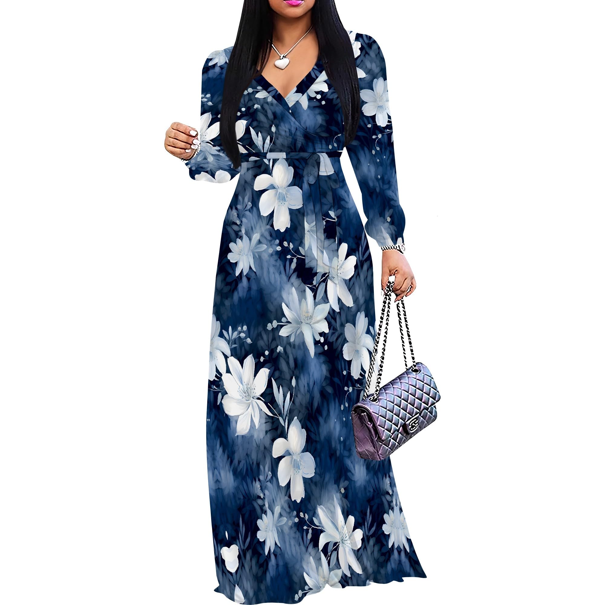 PinkPatty Women's Plus Size V Neck Long Sleeve Wrap Maxi Dress with Belt | Flowy belted maxi dress for travel, vacations, weddings, dinners, church, parties, and everyday elegant wear
