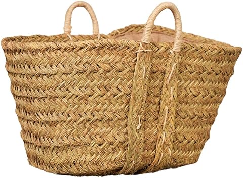 Cesteria Aparici - Capazo Leñero de Esparto Forrado Grande XXL. Cesta para Leña Artesanal con Asas Reforzadas. Cesto Decorativo para Mantas y Almacenaje Rústico. (57x47x35 cm, Ref. 7110F-2).