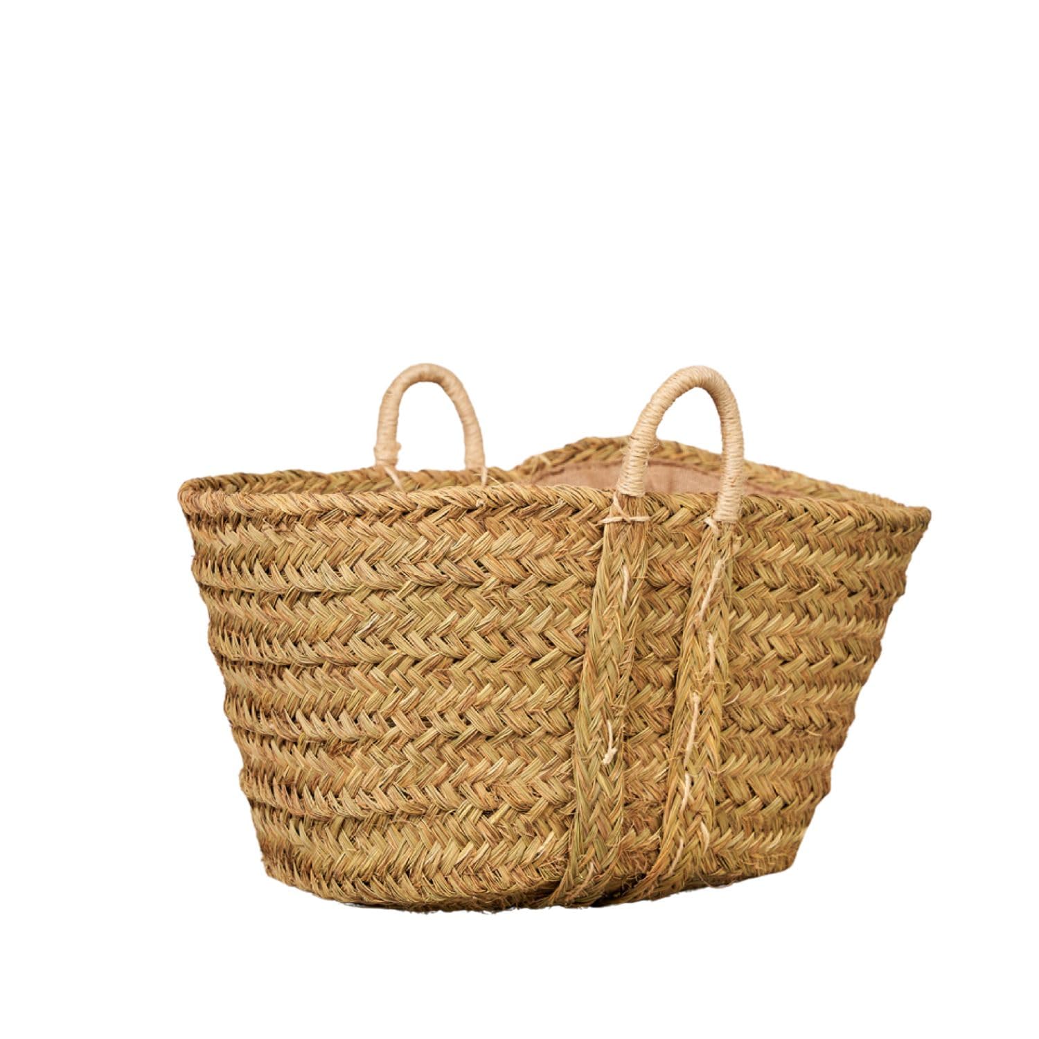 Cesteria Aparici - Capazo Leñero de Esparto Forrado Grande XXL. Cesta para Leña Artesanal con Asas Reforzadas. Cesto Decorativo para Mantas y Almacenaje Rústico. (57x47x35 cm, Ref. 7110F-2).