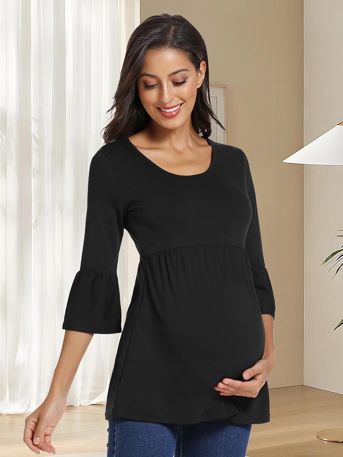 Ecavus Womens Casual Maternity Tops Striped Peplum 3/4 Ruffle Sleeve Shirt Ultra Soft Pregnancy Clothing