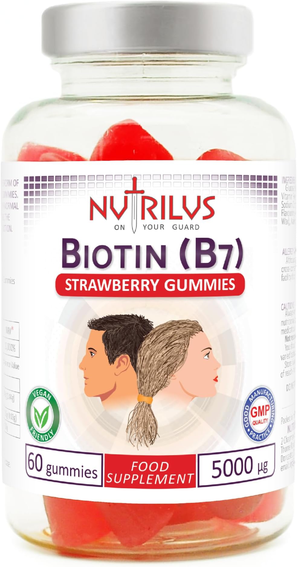 NutrilusBiotin Natural Strawberry Gummies High Strength 5000mcg per Gummy - One Daily - High Dose Vegan Supplement 5000µg Vitamin B7 - Hair & Skin & Nails (60 Gummies)