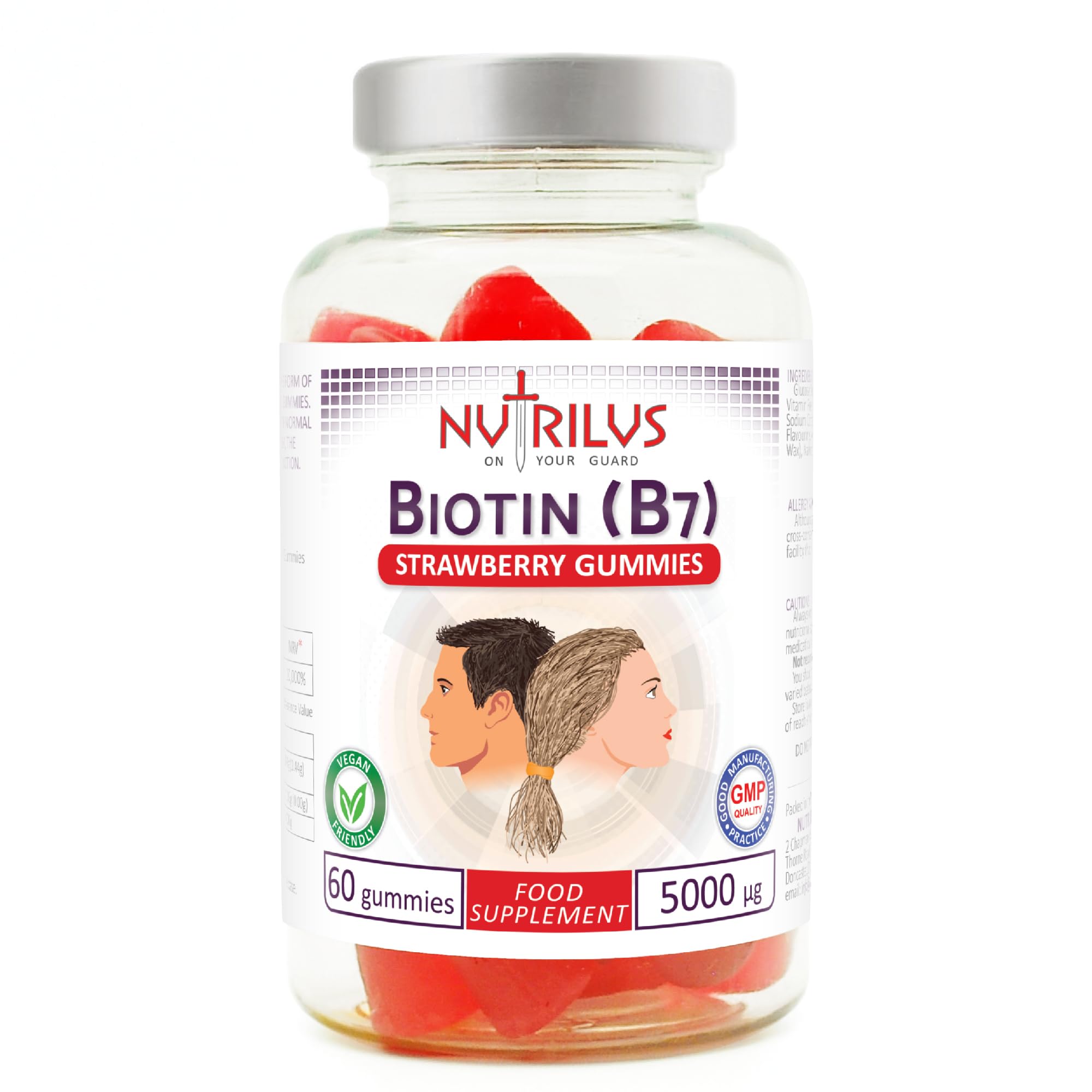 NutrilusBiotin Natural Strawberry Gummies High Strength 5000mcg per Gummy - One Daily - High Dose Vegan Supplement 5000µg Vitamin B7 - Hair & Skin & Nails (60 Gummies)