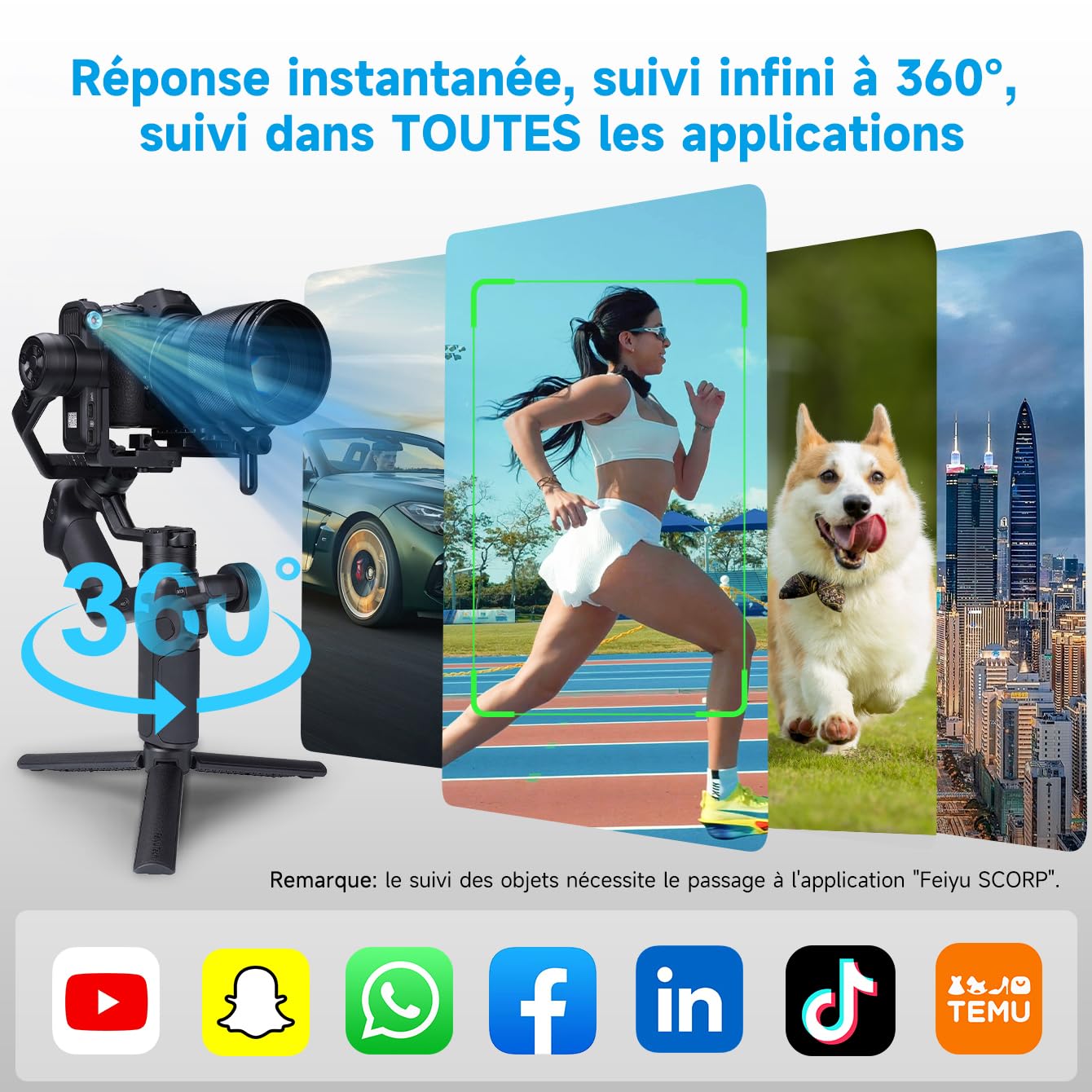 Feiyu SCORP Mini 3 KIT [OFFICIEL] Stabilisateur 3 Axes avec Suivi IA 4.0 pour Appareils Photo Reflex/Mirrorless/Action Cam,Smartphone,Charge utile 2KG,Support Phone avec Ventilateur de Refroidissement