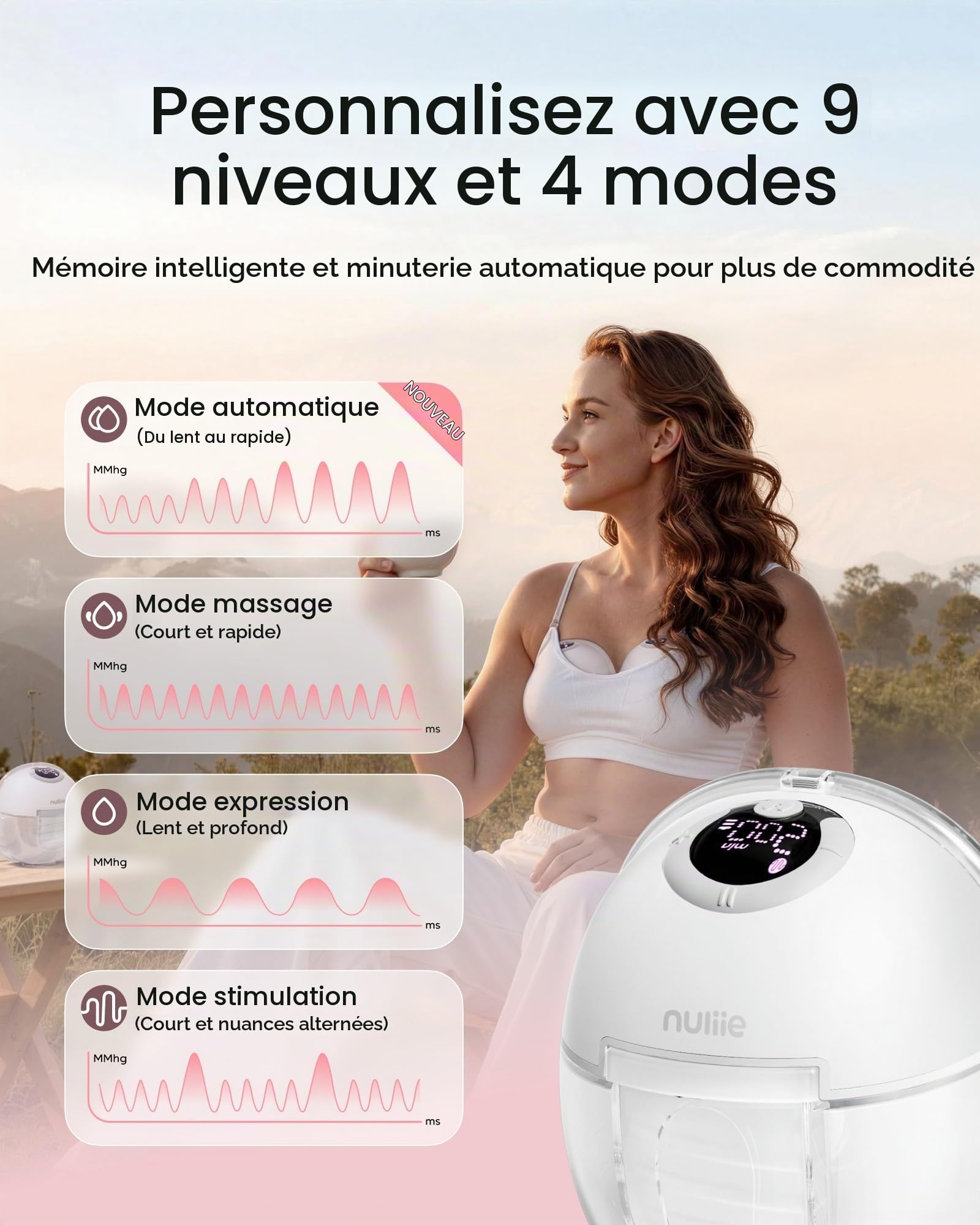 Nuliie Tire Lait Electrique Main Libre S32, Tire Lait Main Libre avec 4 Modes, 9 Niveaux, Fonction Mémoire, Extracteur de Lait Rechargeable avec Affichage LED, Poids léger - 24mm (2 Pack, Rose)