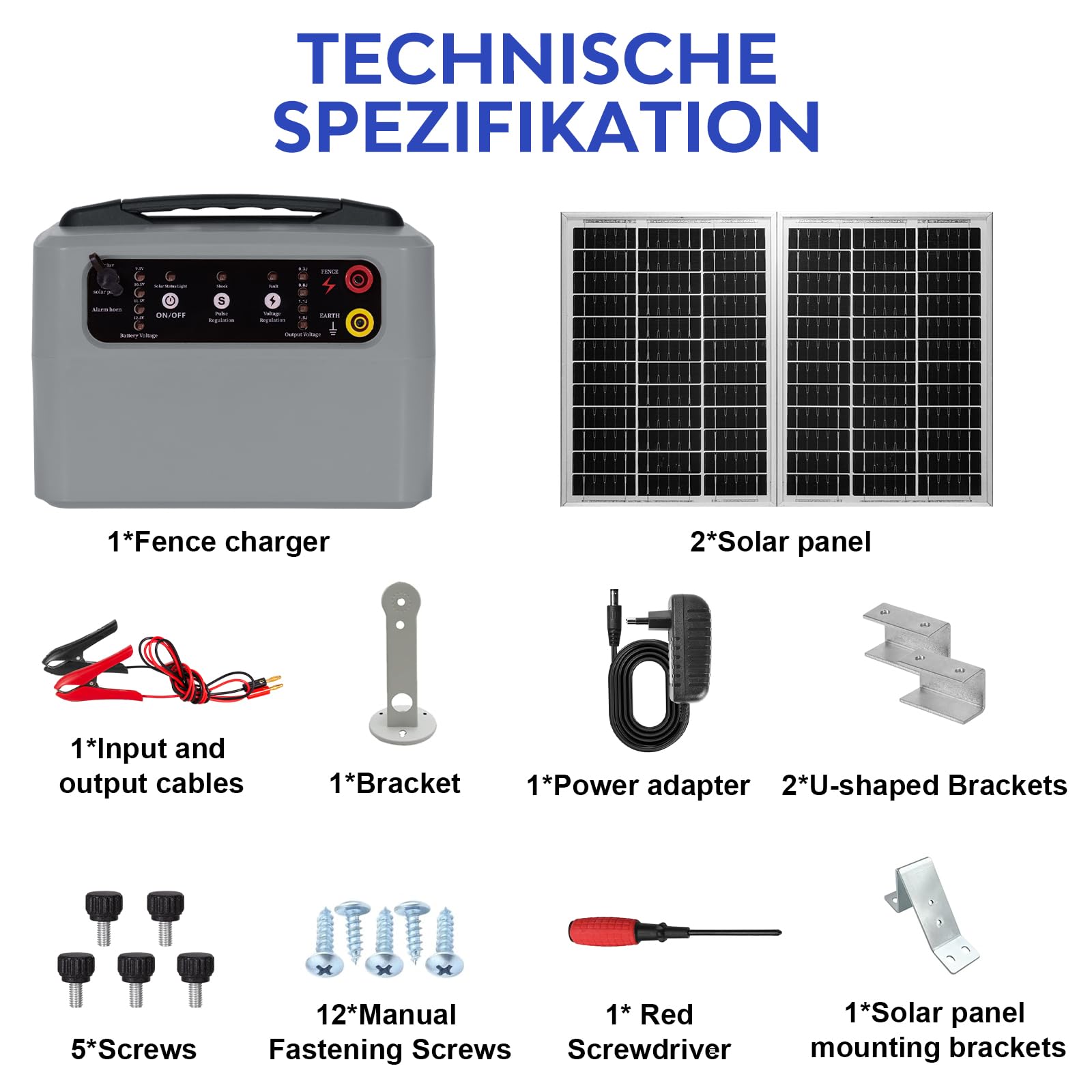48 KM Pastor Electrico Solar, 0,3 J-1,5 J, 6 KV-12 KV Cerca Eléctrica Controlador con Panel Solar de 15 W, con Batería de Plomo-ácido Integrada de 12 V y 7 Ah, Apto para Ganado Ganado, Vacas(Gris)
