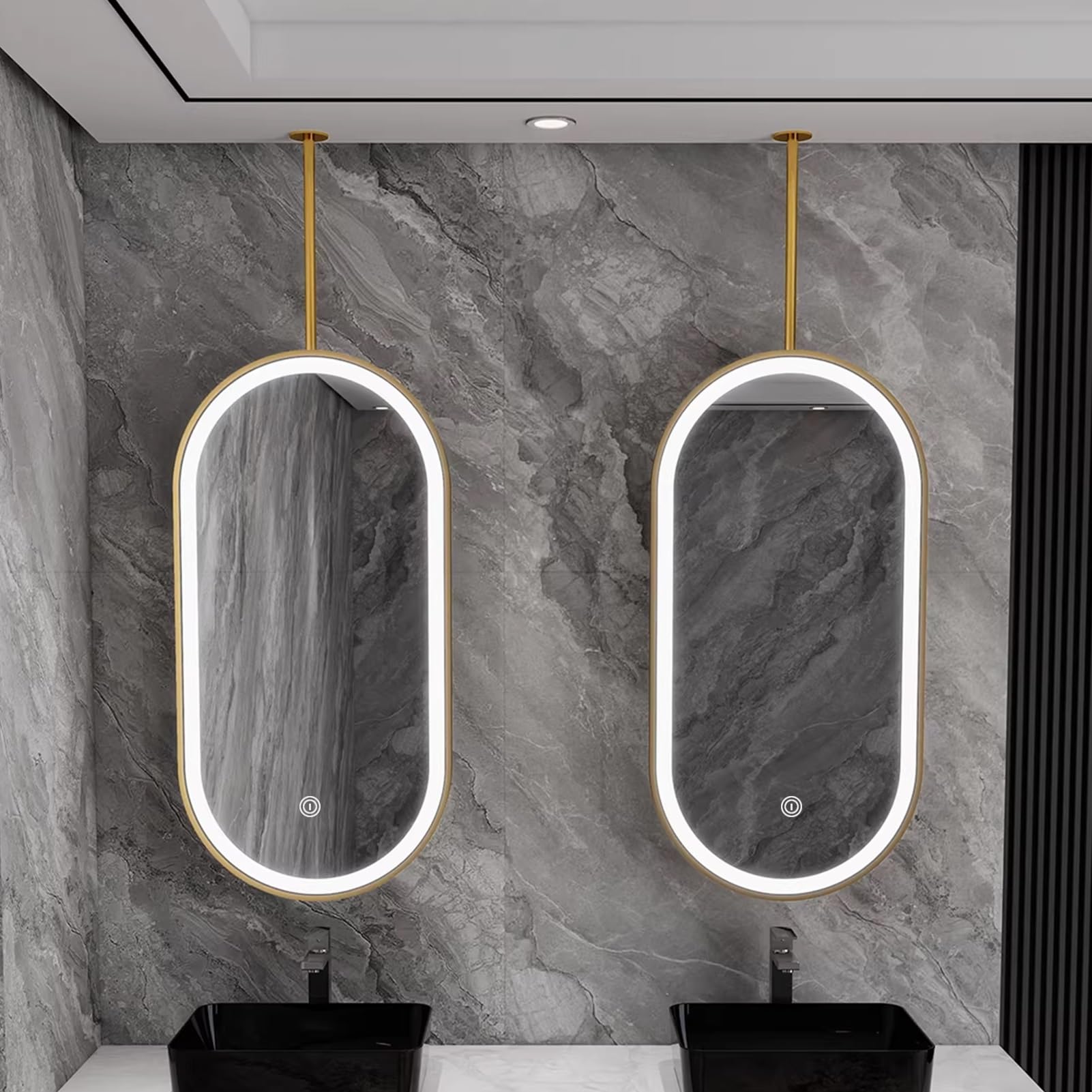 FGXHHS Illuminated Oval Cosmetic Mirror with LED Lights (3 Colors Dimmable Light), Gold Ceiling Bathroom HD Hairdressing - 1 PC(50cmx70cm)