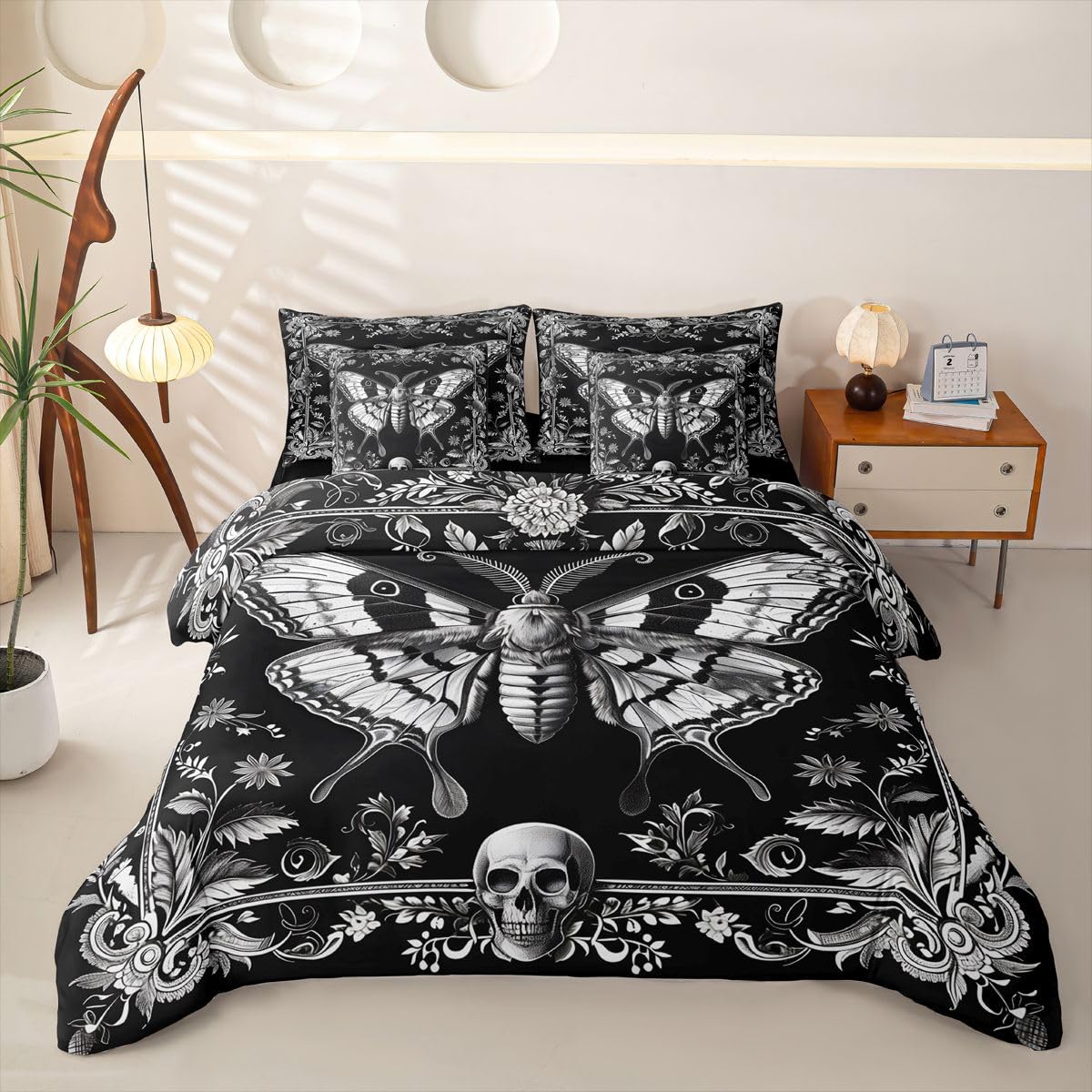 Loussiesd Juego de funda de edredón para cama individual de 7 piezas, color gris y negro, con sábanas, para niños, niñas, polilla de la muerte, cama en una bolsa, decoración de habitación, microfibra