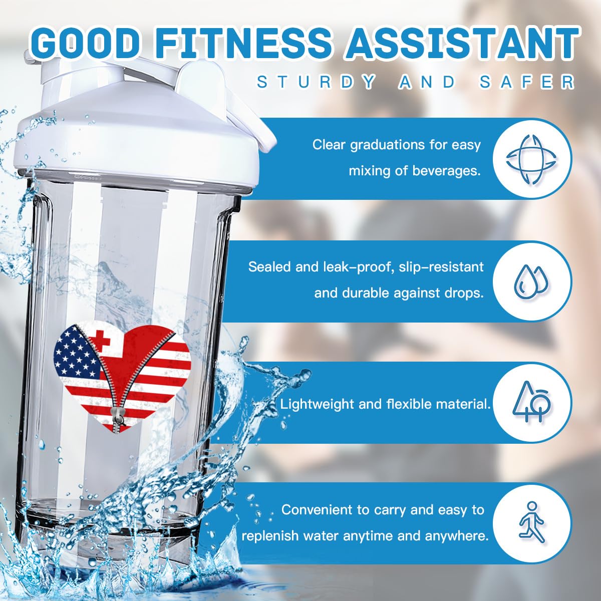 Heart America Flag and Tonga Flag 18 Ounce Shaker Cup,Fashion Theme Pattern Shaker Bottle Leak-proof Workout Shake Bottles 500ML/18 oz Perfect for Pre Workout
