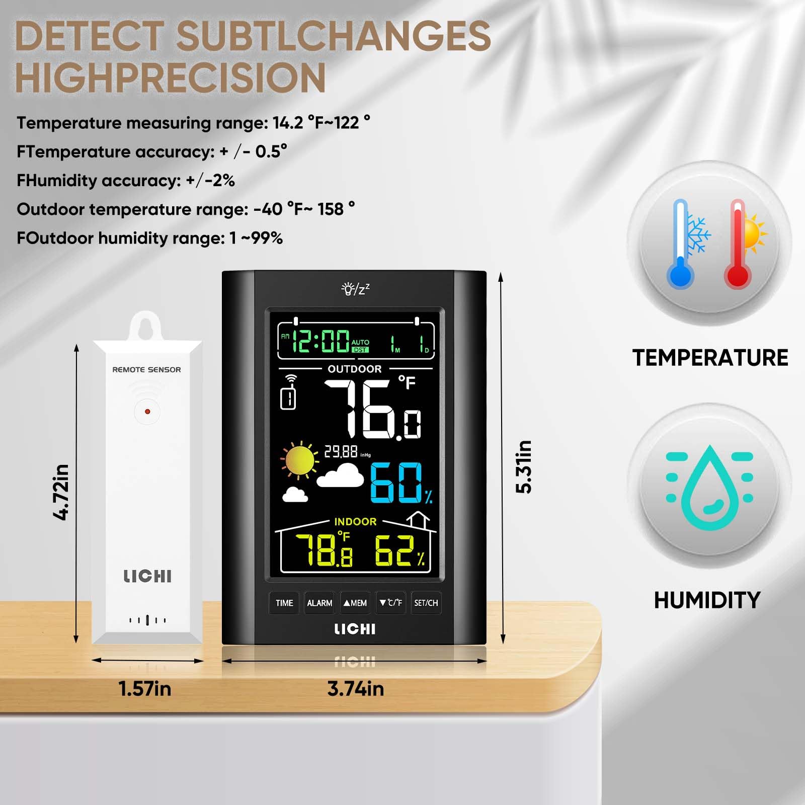 Stazione meteo wireless per interni ed esterni, monitor di umidità della temperatura interna esterna, con sensore di portata di 100 m e retroilluminazione regolabile