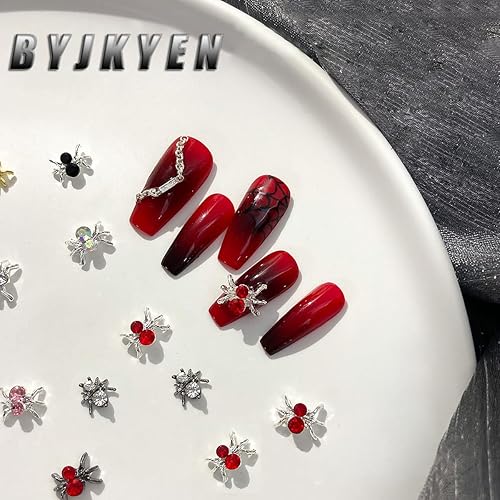 Miniatura 7 de 35 dijes de uñas de Halloween 3D para uñas acrílicas de araña, plateado, dorado, rojo, negro, diamantes de imitación de araña, aleación brillante,