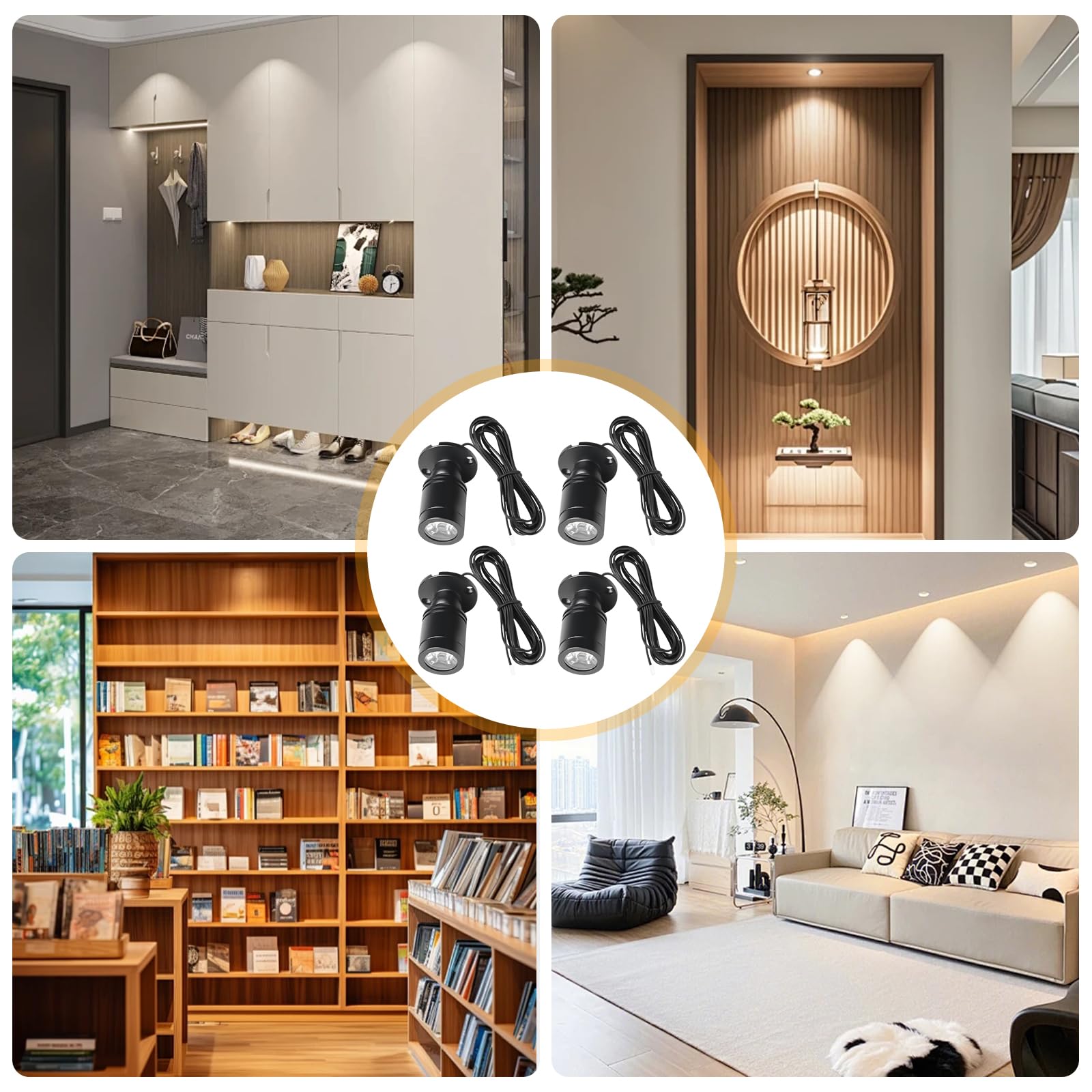 Aicharynic 4 unidades de mini focos, mini focos, pequeño acento, juego de luz blanca cálida, 3000 K, USB 5 V, foco de punto giratorio 360° para vitrinas, armarios y decoración