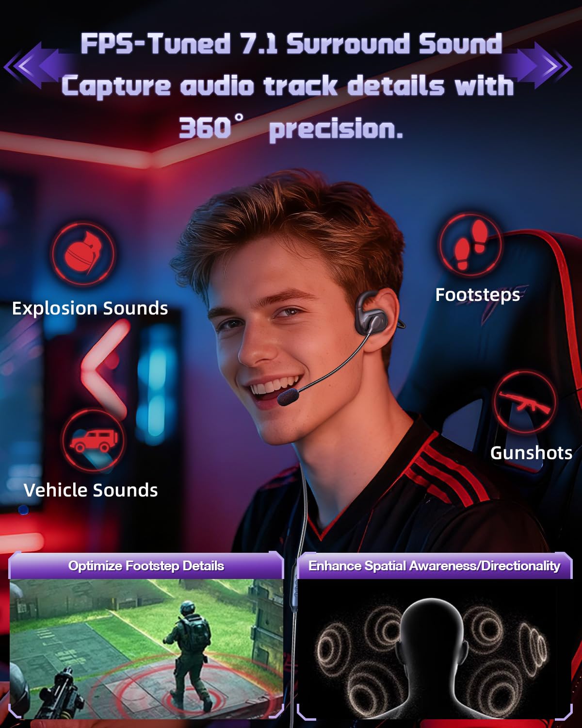 Pro Gaming zestaw słuchawkowy USB z technologią przewodzenia powietrza, odłączany mikrofon, czarny, podświetlenie LED, do gier komputerowych