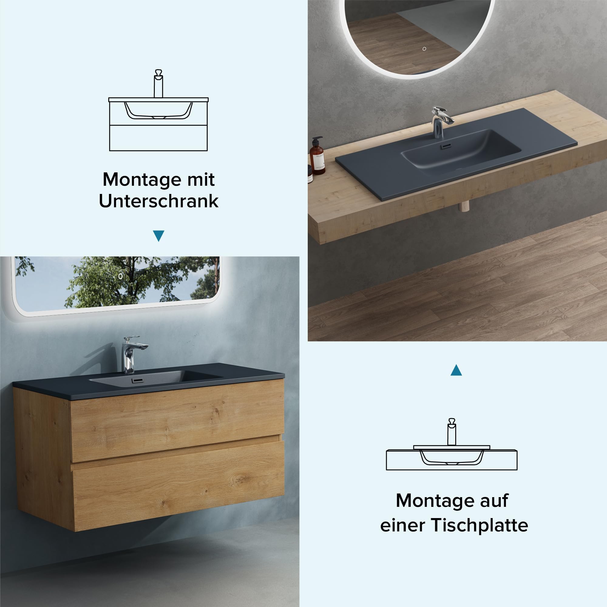 doporro Waschbecken mineralguss Einbauwaschbecken mineralguss 60x48x14 cm anthrazit matt Einbauwaschtisch mit Überlauf Waschtisch Handwaschbecken Col02