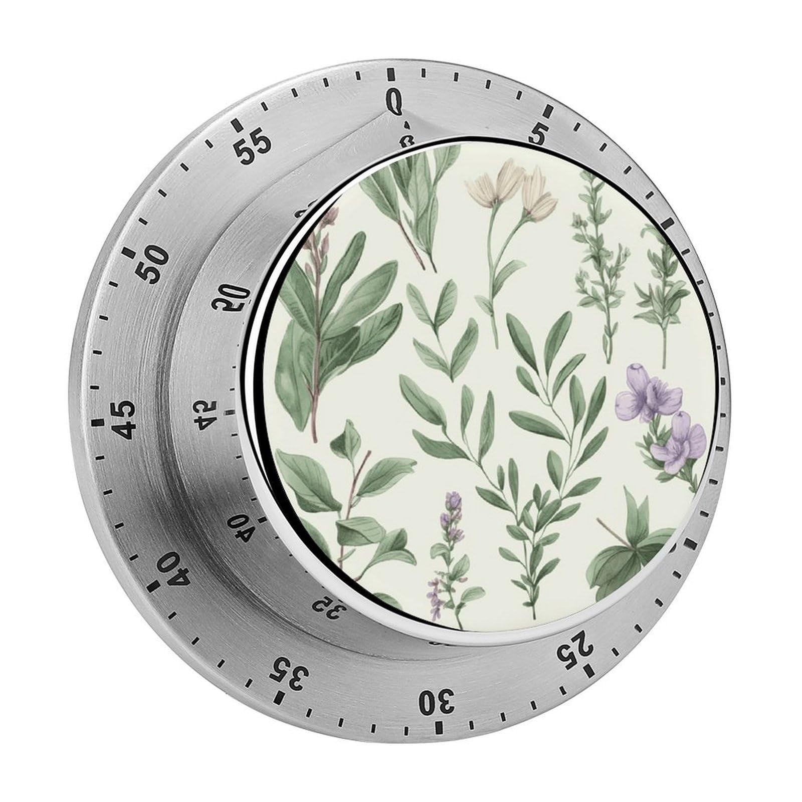 Green Flower Herb Sage Leaves and Branches Kitchen Timer Chef Cooking Timers Clock with Loud Alarm Exquisite Stainless Steel Mechanical