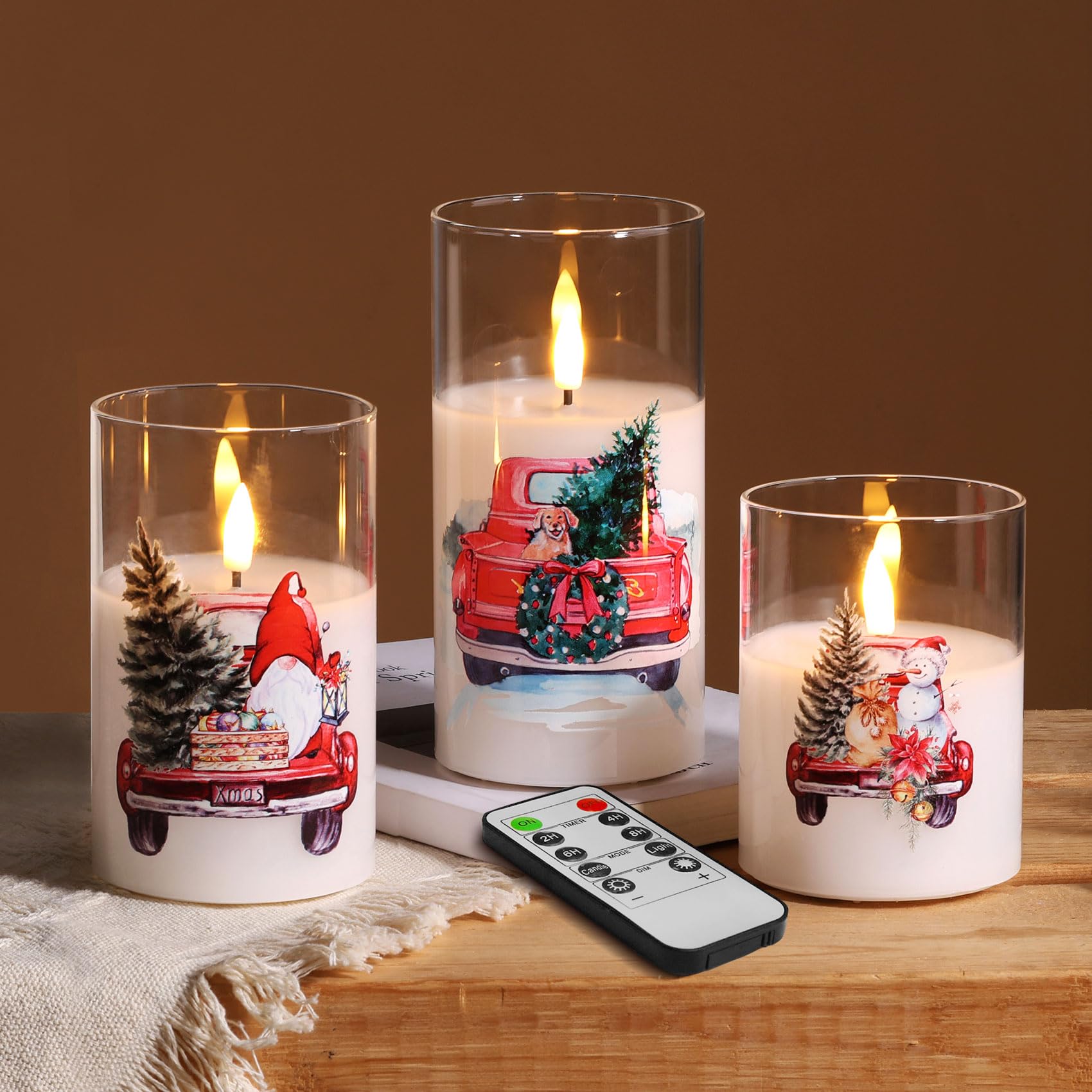 Eywamage Christmas Glass Flameless Pillar Candles with Remote Set of 3
