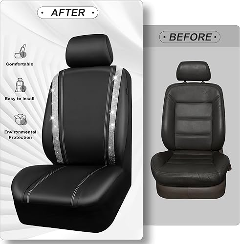 Miniatura 5 de CAR PASS Juego completo de fundas de asiento de automóvil con diamantes brillantes, piel sintética impermeable con diamantes de imitación, parte