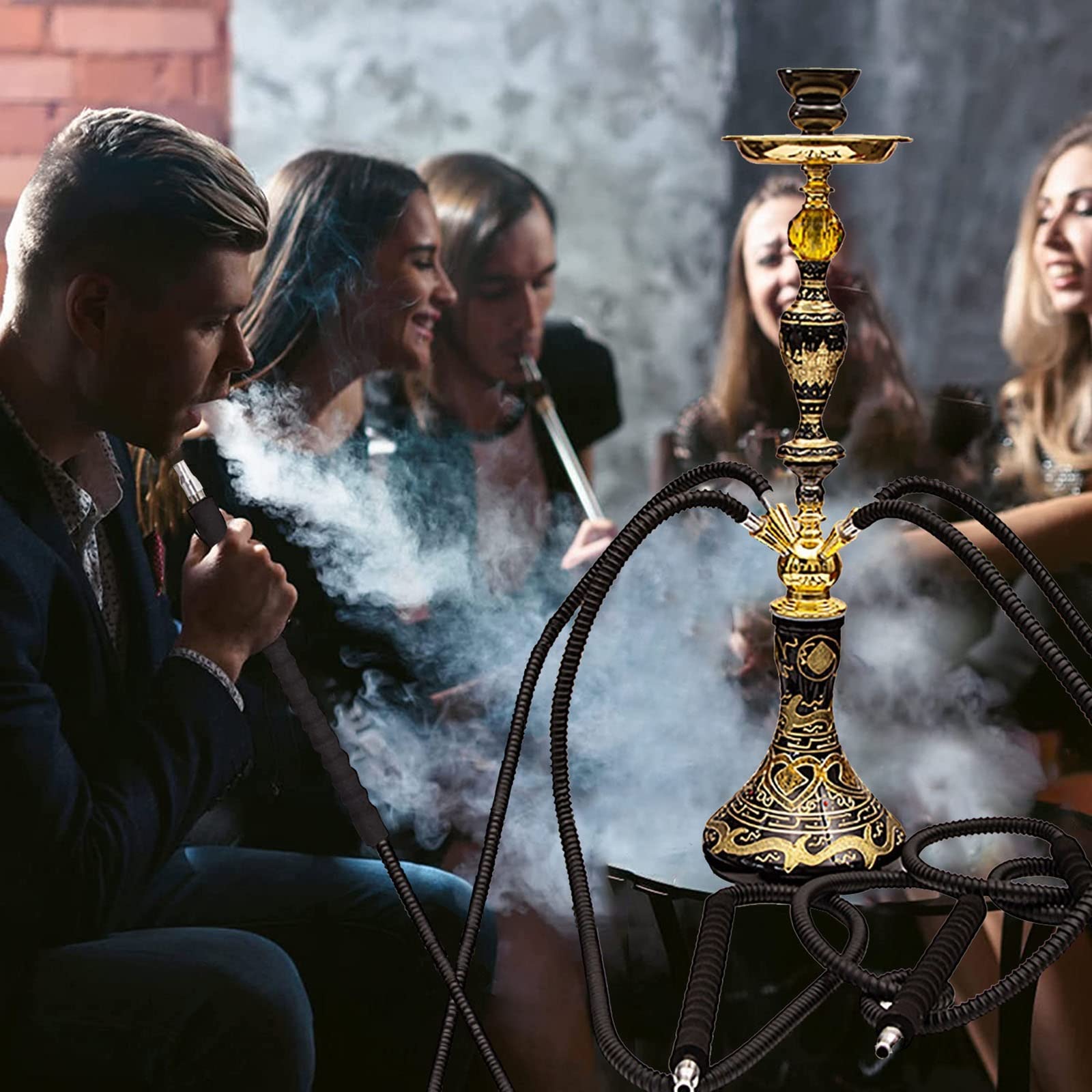 Juego de Cachimba de 2 o 4 Mangueras, Shisha de Cachimba con Base de Jarrón de Vidrio Estable, Tazón de Cerámica y Cenicero de Pinzas para Carbón, Puntas y Cubiertas de Papel de Aluminio