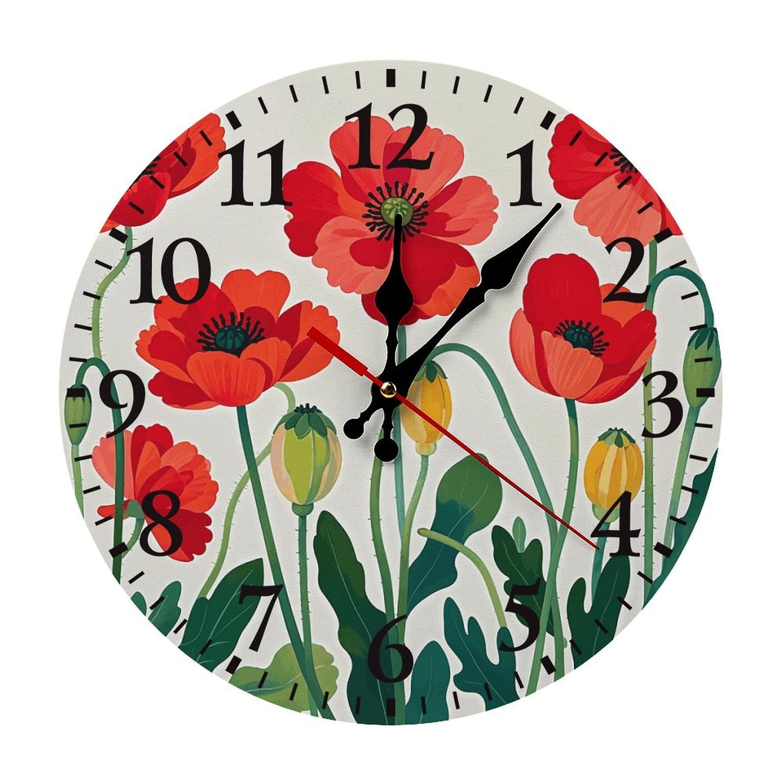 QMNLKH Poppy Flowers Wall Clock for Home, Battery Operated Clock for Hotel, Round Wall Clock with Arabic Numerals Black, Easy to Read, Non-Ticking Clocks for Living Room 30 * 30cm
