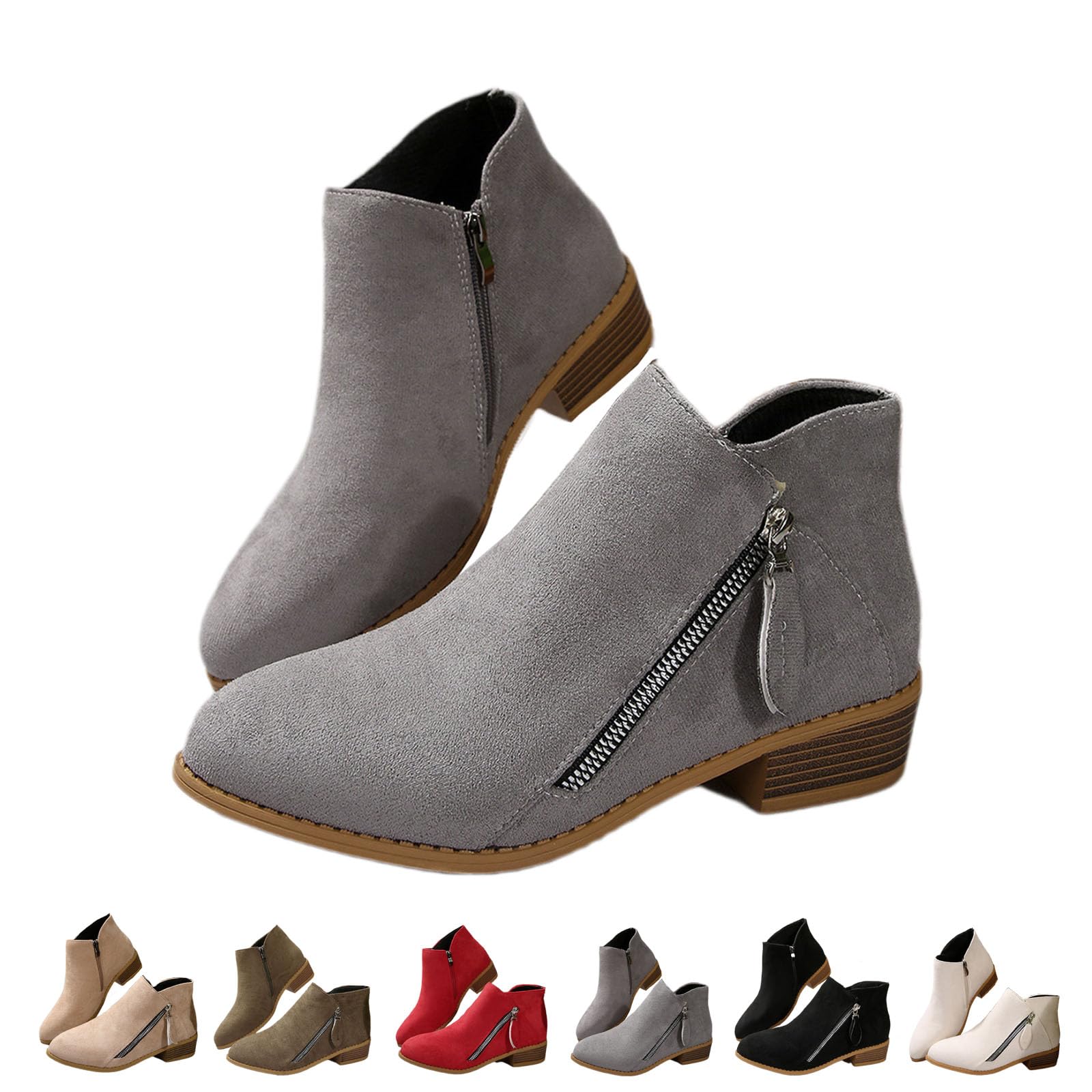 Womens Comfort Walking Ankle Boots - Low Heel Zipper Closure Orthopedic Arch Support Booties Pointed Toe Chunky Low