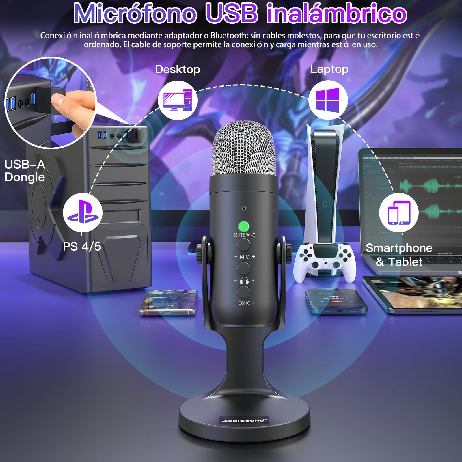 ZealSound Micrófono inalámbrico, micrófono USB para *Phone/PC/iPad/Android, micrófonos de Condensador de Escritorio con Monitor de Eco silenciado, Ganancia Bluetooth 2,4 GHz para Podcast, ASMR, Video