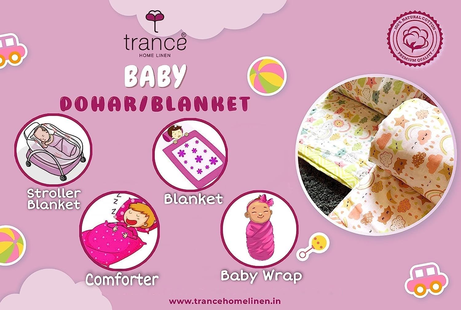 Trance Home Linen 100% Cotton | New Born Baby Blanket | Baby Dohar Swaddler Comforter | Warm Baby Essential (1 Year to 3 Year 100x140 Centimeters | Elephant) 2