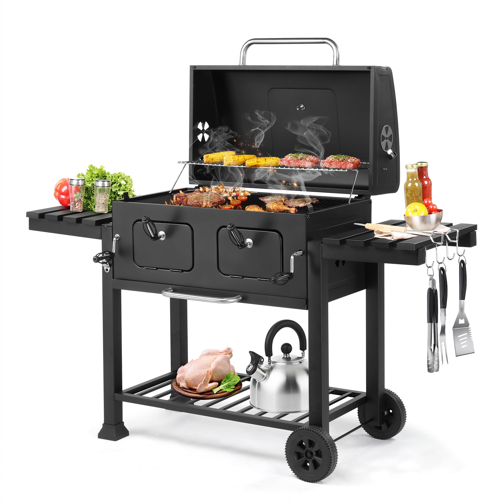 Outopee Large Charcoal BBQ Grill, Portable 2 in 1 Barbecue with Spacious Cooking Area, Foldable Side Tables & Wheels, Outdoor Garden Barbecue Smoker for Camping Backyard Patio Party Picnic