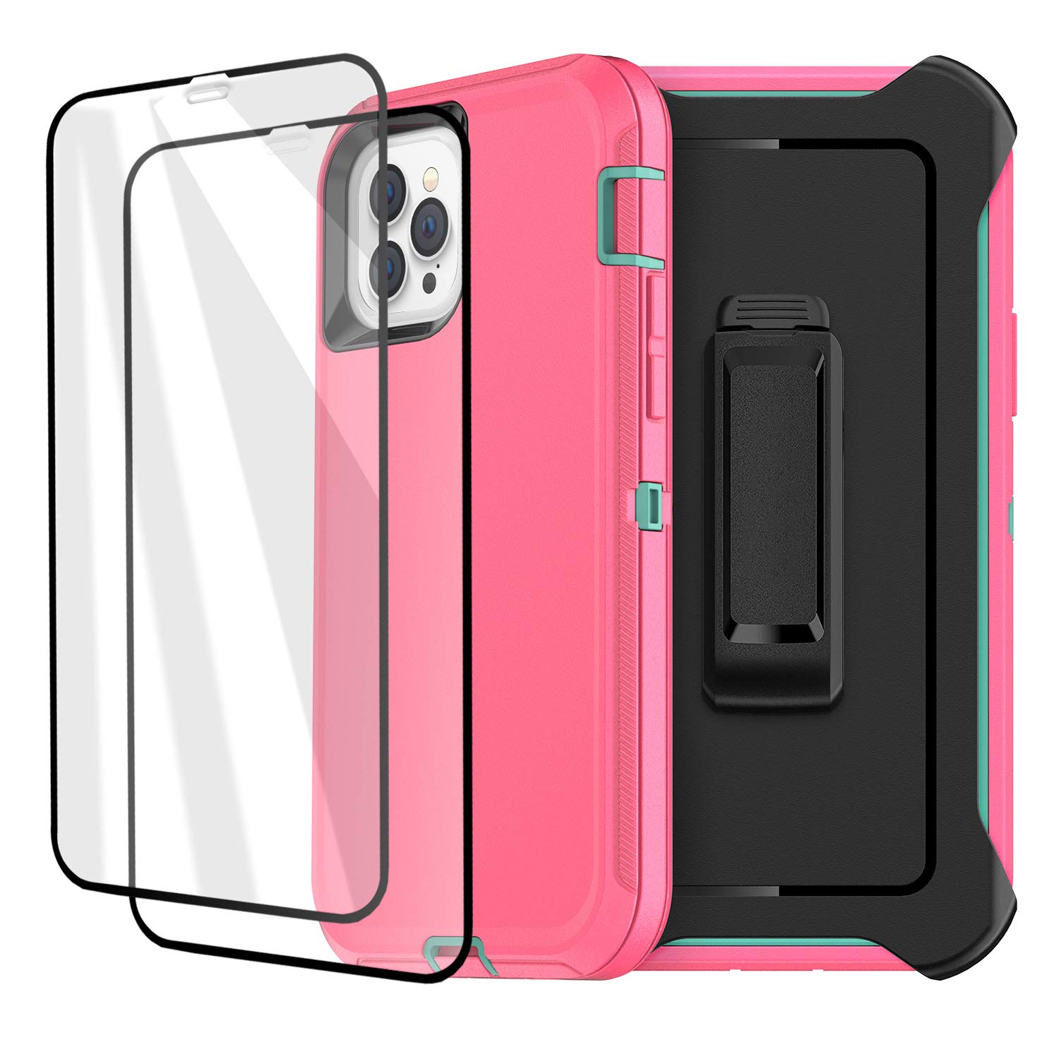 AICase 3 Layer Rugged Heavy Duty Cases for iPhone 12/iPhone 12 Pro, 6.1 inch 2020 (Pink+Light Blue) with Two Screen Protector