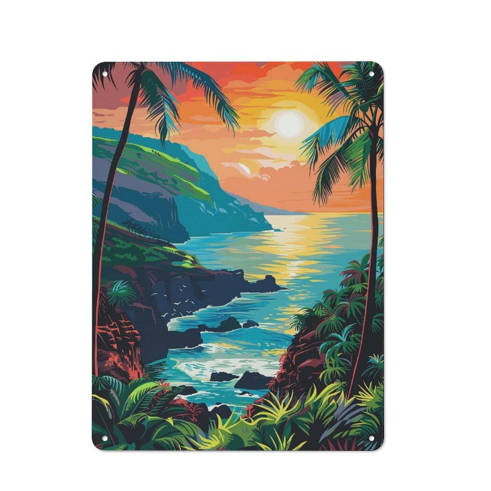 Junmoney Style-12 Tropical Island Sunset Vintage Metal Wall Sign 40X30cm For Kitchen Or Home Bar, For Garage, Workshop And Man Cave Decoration
