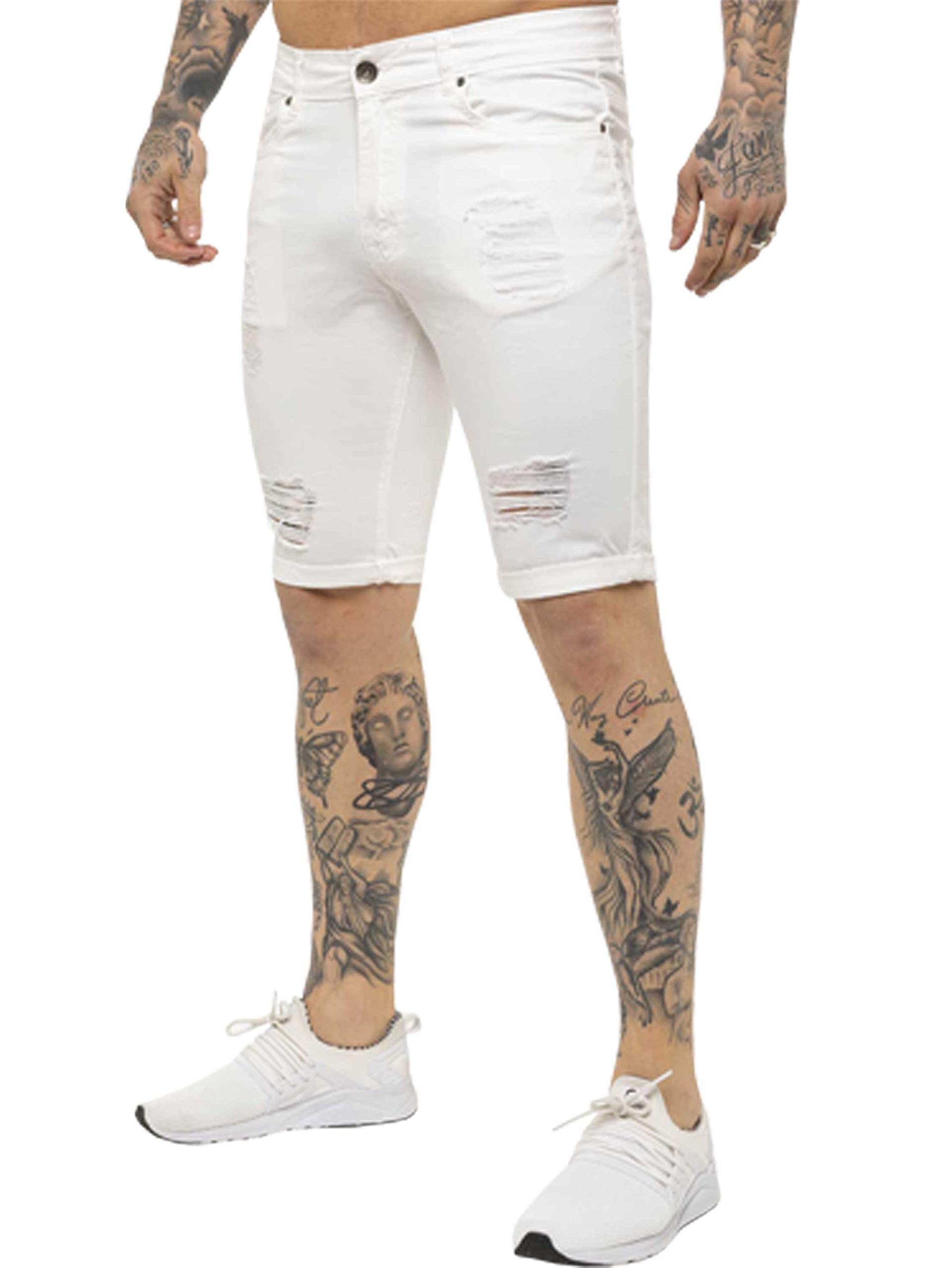 Enzo Men's White Ezs383 Jeans Denim Shorts Skinny Fit Distressed Ripped Half Pants 32