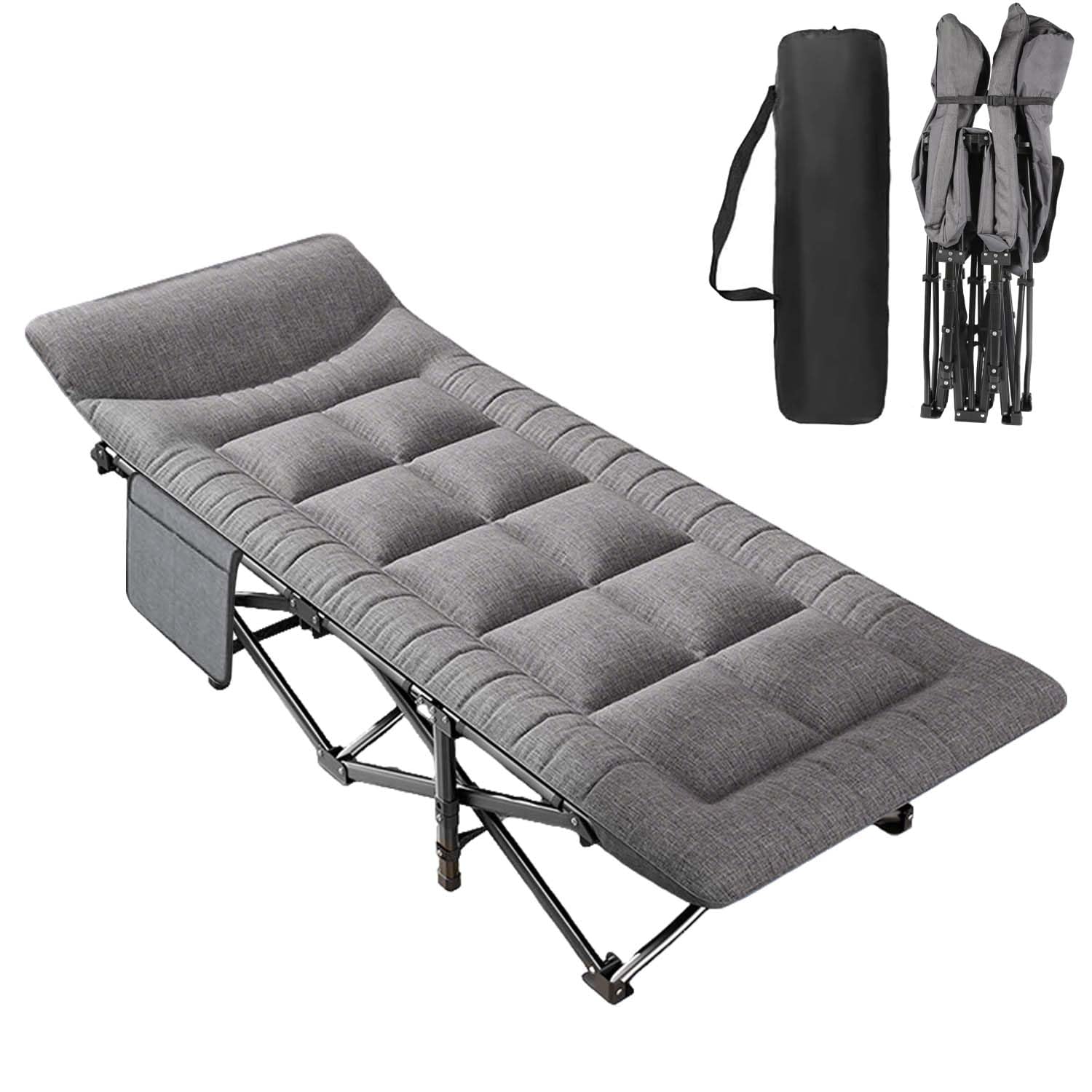 Lit de Camping Pliable avec Oreiller et Poche Latérale