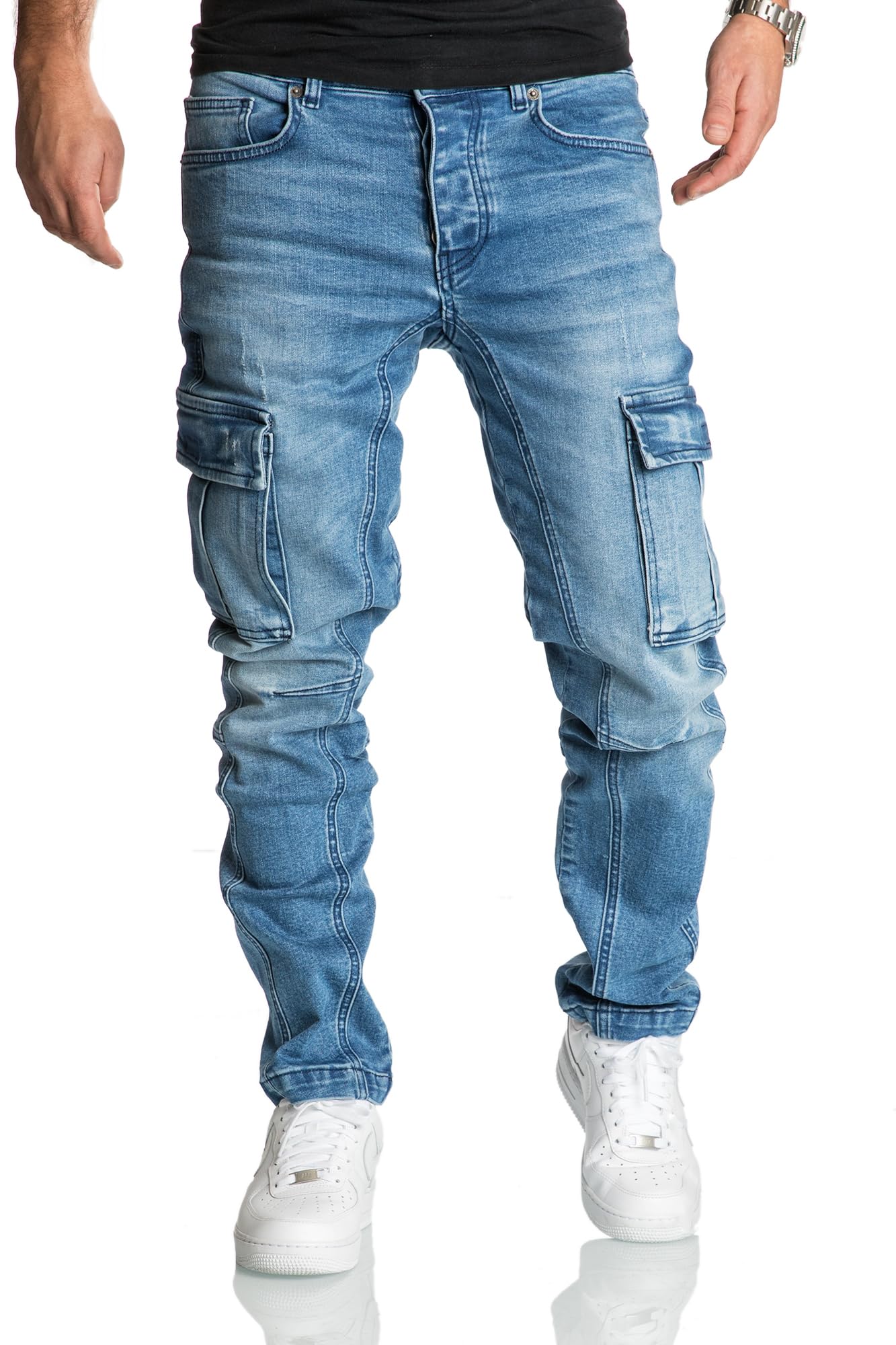 REPUBLIX Herren Cargo Jeans Regular Slim Denim Hose Destroyed R7977 Hellblau W33/L30