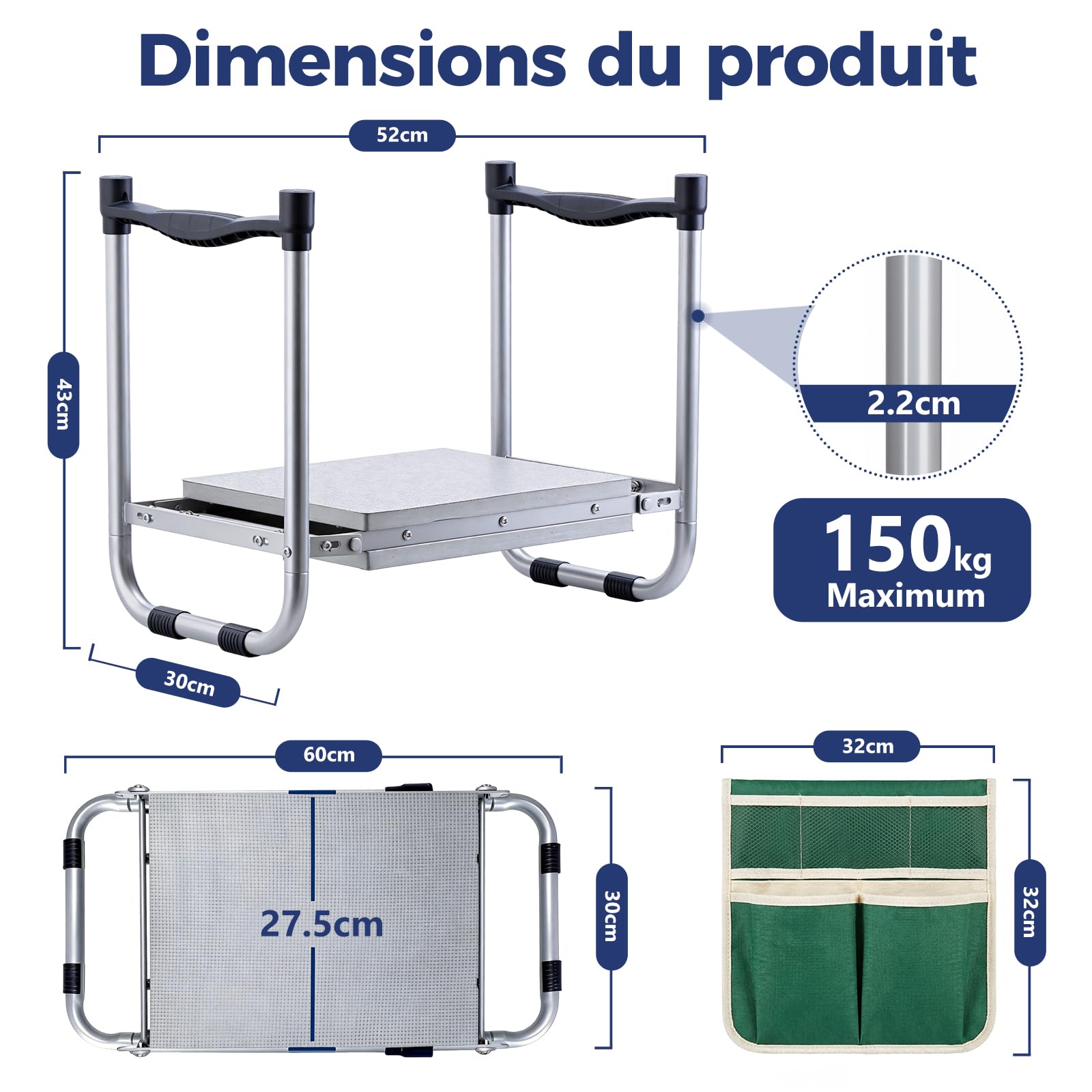 Rodillera de jardín, diseño antideslizante mejorado y cojín para rodillas de 27,5 cm, plegable y portátil, ayuda para jardinería (hasta 150 kg), 1 bolsa, HBT 52 x 28 x 45 cm, color verde