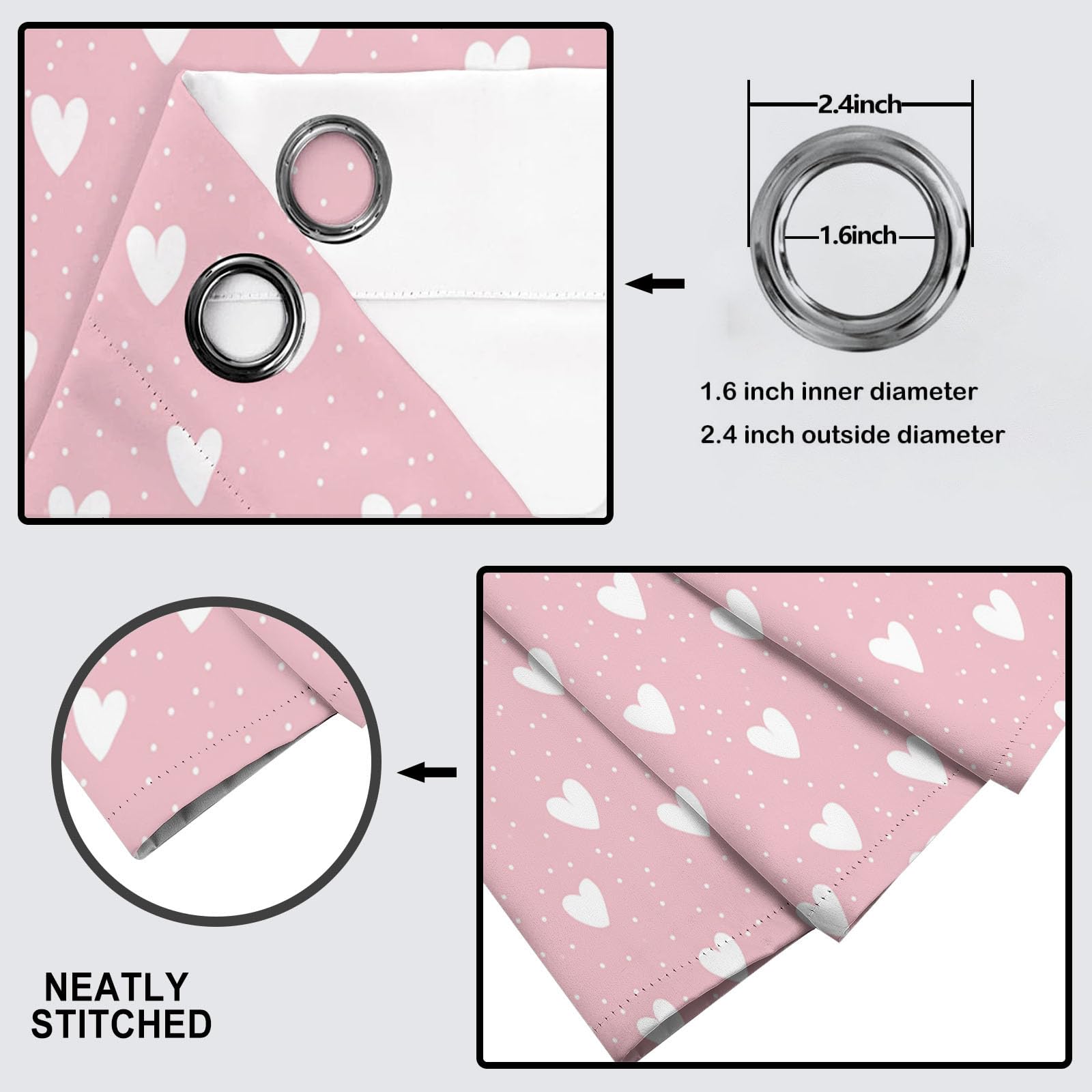 Rideau Occultant Thermiques Anti Froid Cœur De Dessin Animé Imprimé 117Lx183H Cm Rideaux Opaques pour Salon Chambre, Jolis Pois Design avec Oeillet Poudre Blush Lot De 2 De Cuisine