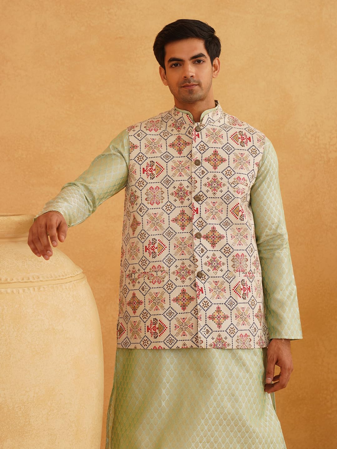 Sojanya (Since 1958 Men'S Silk Blend Self Design Pista Green Kurta With Pyjama & Cream Nehru Jacket - Image 8