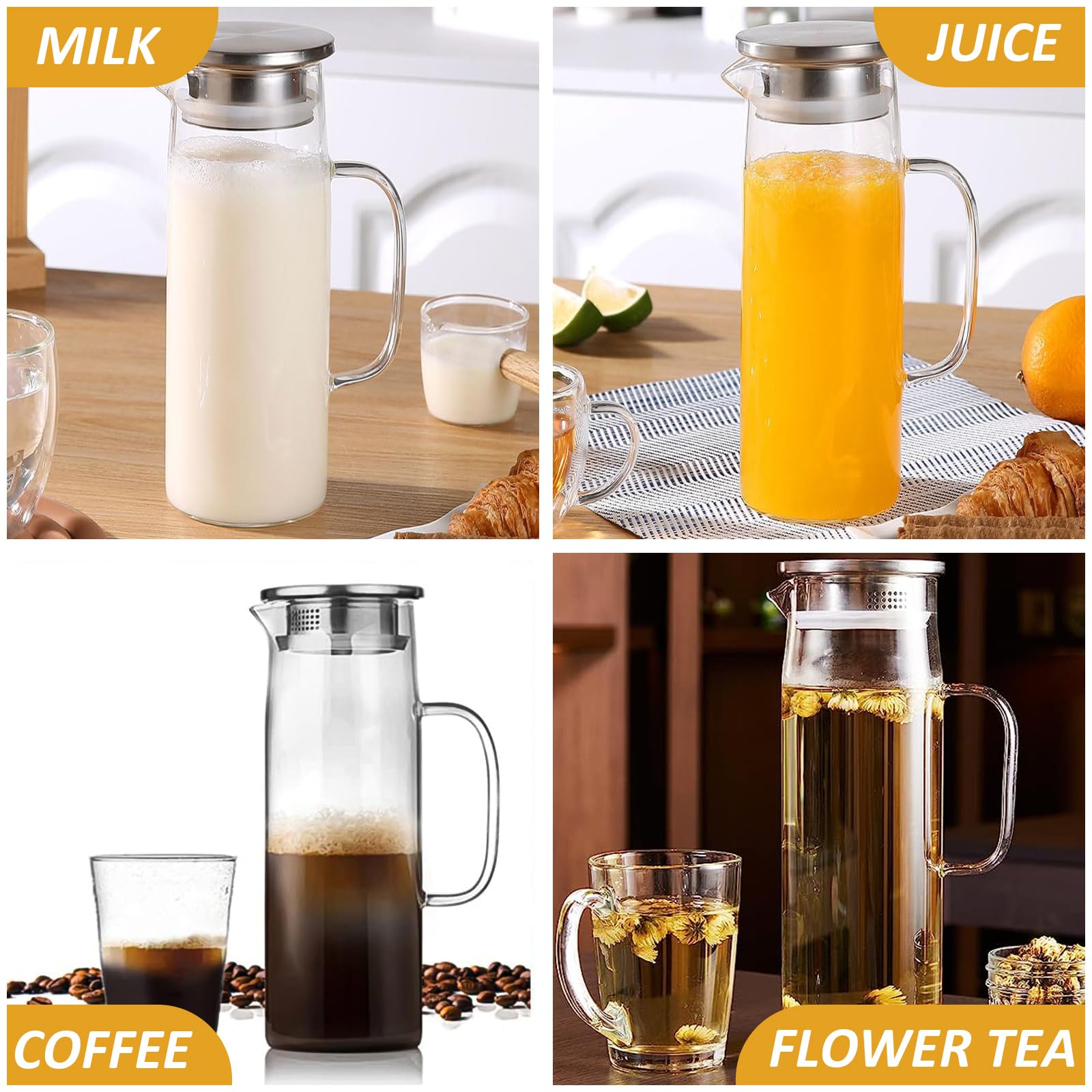 Caraffa in Vetro 1,5 Litre Trasparente e resistente calore borraccia in vetro borosilicato, per acqua calda e fredda, il tè freddo, vino, caffè, latte e succo
