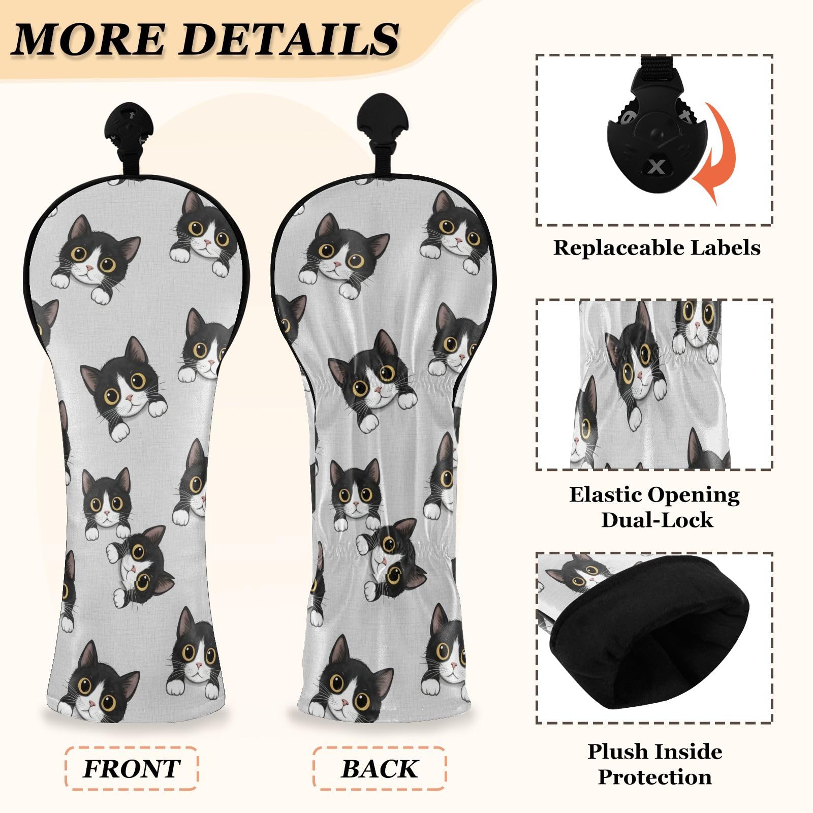 Copritesta per mazze da golf per mazze da golf in legno ibrido con simpatico gatto grigio in pelle PU con etichette numeriche, per donne e