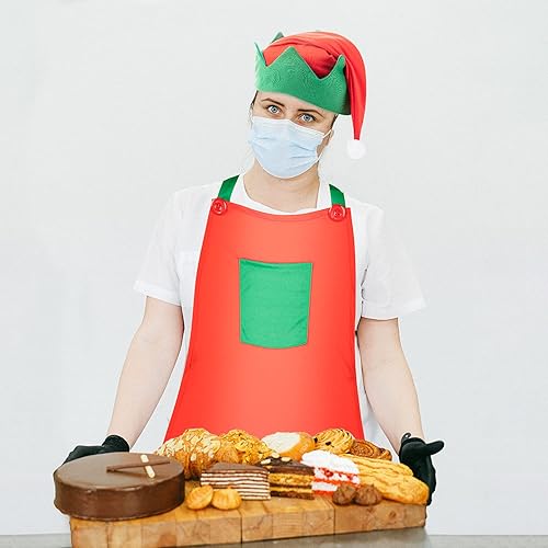 Miniatura 5 de Juego de 8 delantales y sombreros de Navidad, delantal de elfo de Navidad y sombrero de elfo, accesorios de regalo para fiestas de Navidad