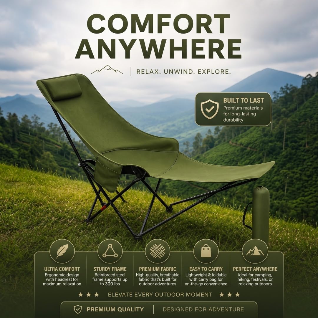 RADHKRIVA Folding Reclining Lounge Chair with Adjustable Backrest, Metal Frame & Fabric Seat | Portable Outdoor Camping Chair with Carry Bag for Patio, Garden & Travel 4