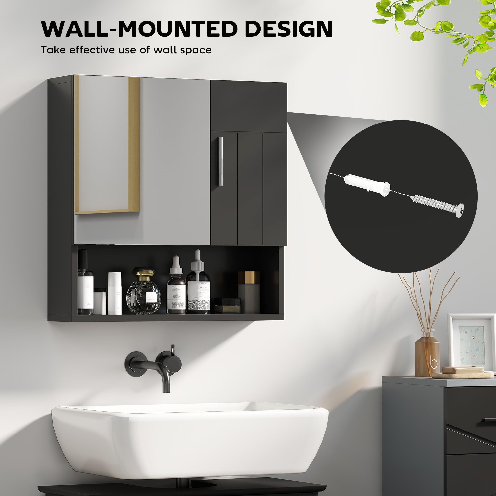 kleankin Espejo de baño con estantes ajustables 54x15.2x55.3cm Negro | Armario espejo de baño con almacenamiento, 2 puertas, estante abierto, madera y vidrio.