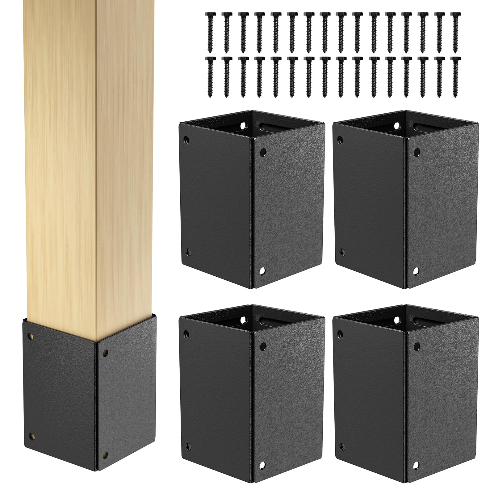 Post Base Protectors (Range 3.3-6in), Adjustable Deck and Fences Guard Bracket for Wooden Mailbox, Protect Pavilion Deck Railing, Pergolas, Fences, Gazebos (4set, Black)