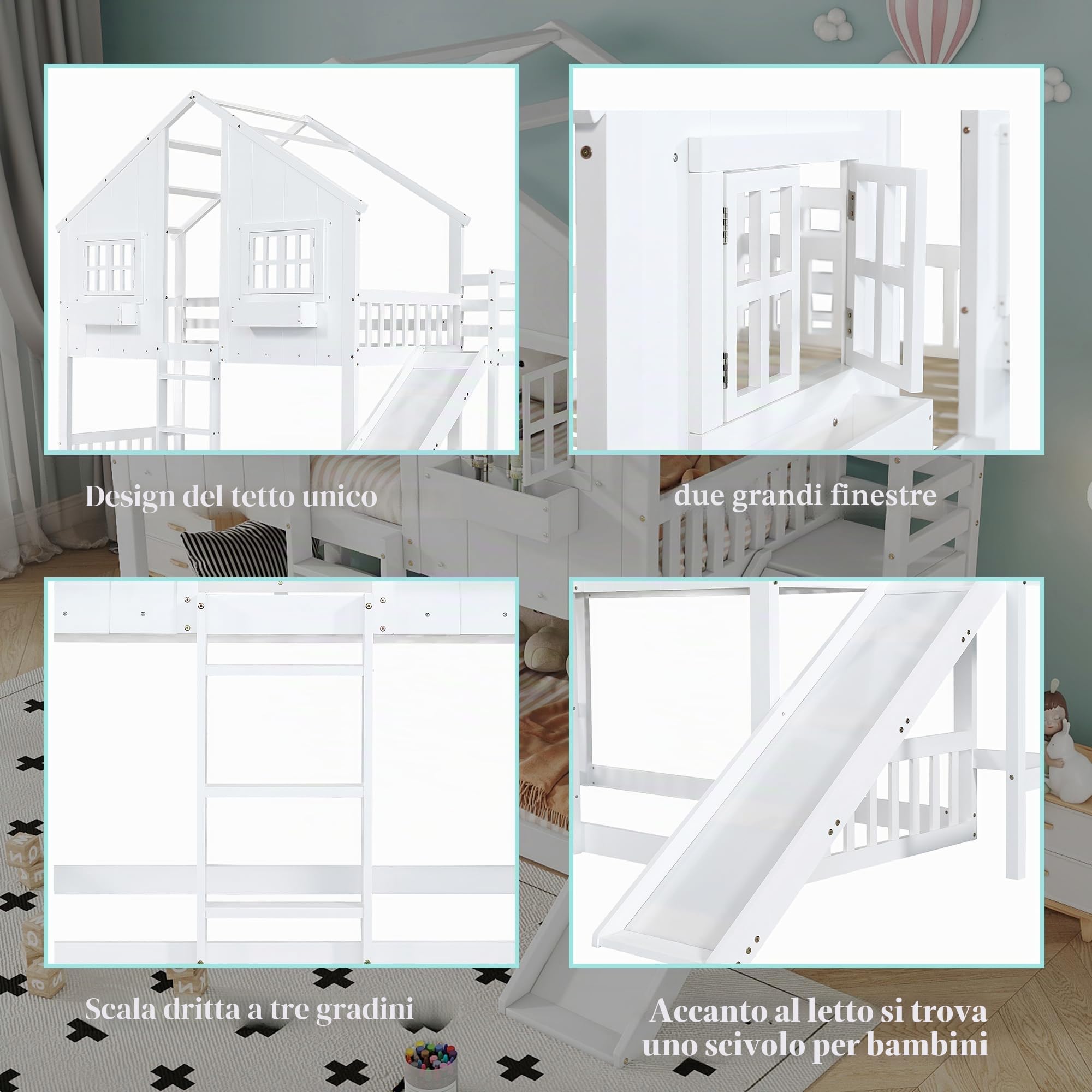 Letto a Castello (90x200 cm) in Pino+MDF con Scivolo e scaletta a Tre gradini, Letto a Castello per Bambini con Tetto, Finestra, Sponda di Sicurezza, Bianco