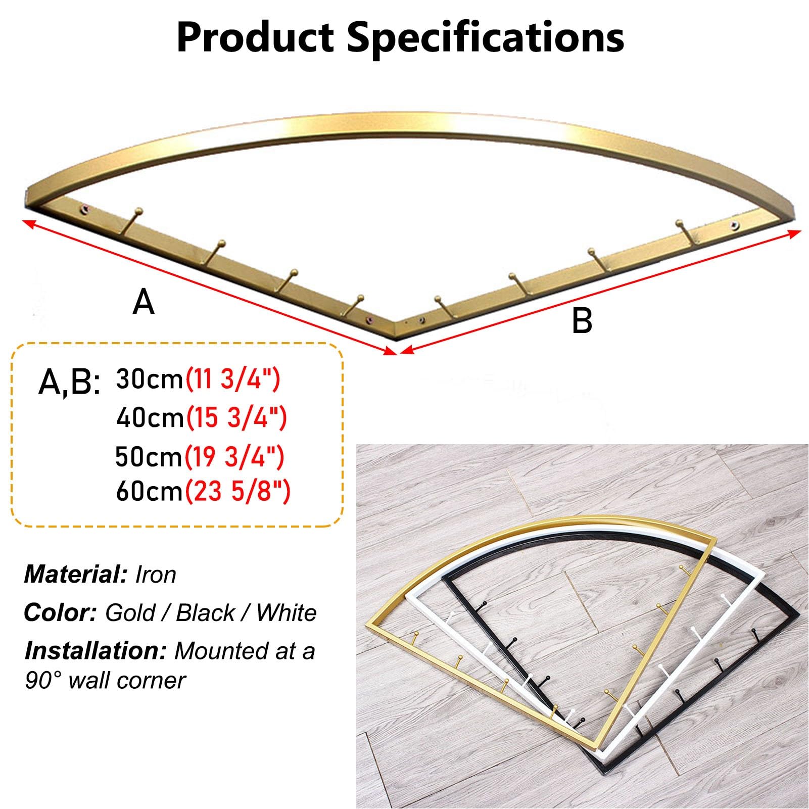 Barra Appendiabiti Appendiabiti Angolare da Parete a 90 Gradi con Ganci, Organizer per Armadio Resistente, Appendiabiti in Metallo per Armadio/ Guardaroba, Barra per Armadio in 3 Colori(Gold,60x60cm(2