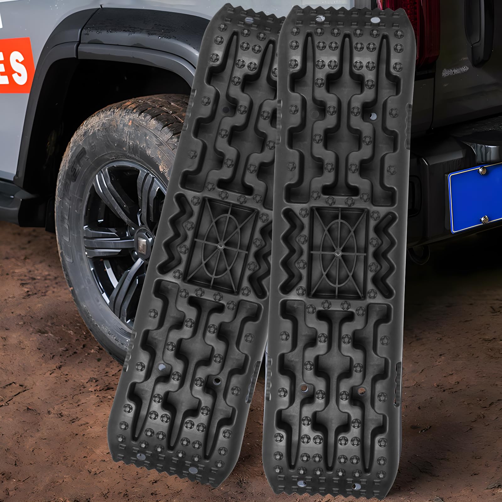 Vinteky 2 Stücke Sandbleche Traktionsmatte Kunstoff Anfahrhilfe Recovery Board Tracks mit Aufbewahrungstasche und Installationstool 10T Last für Geländewagen Wohnmobil PKW LKW Offroad