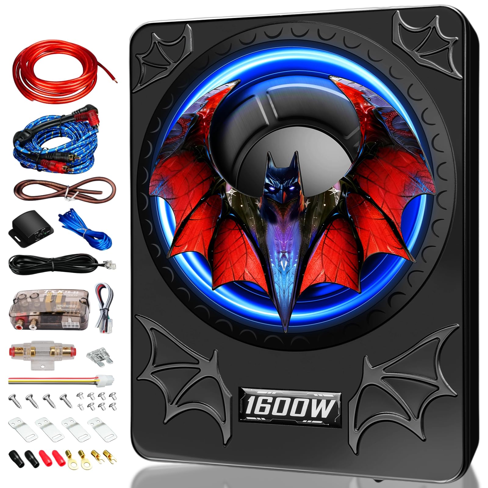1600W 10" Slim Under Seat Subwoofers with Built-in Amp | LED Ambient Light, Deep Bass, Individual Controls (LPF/Gain/Bass Boost), High Output Distortion-Free Audio, Suitable for All Vehicle Models