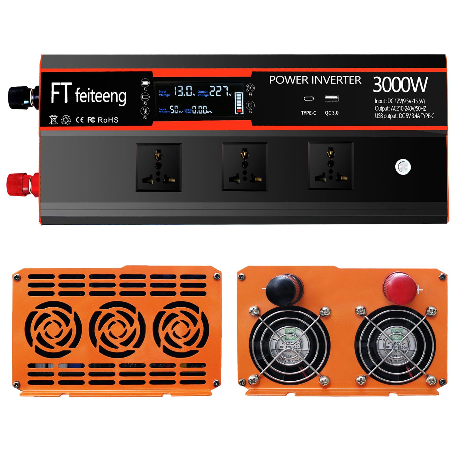 3000W Inverter di potenza da 3000W da 12V a 220V/230V CC a AC, con 2 prese AC, display LCD, telecomando wireless, porte di ricarica USB, adatto per auto, camper e esterni